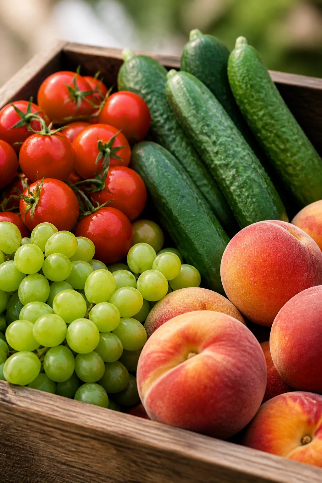 Close-up of sturdy travel-friendly produce like tomatoes and cucumbers