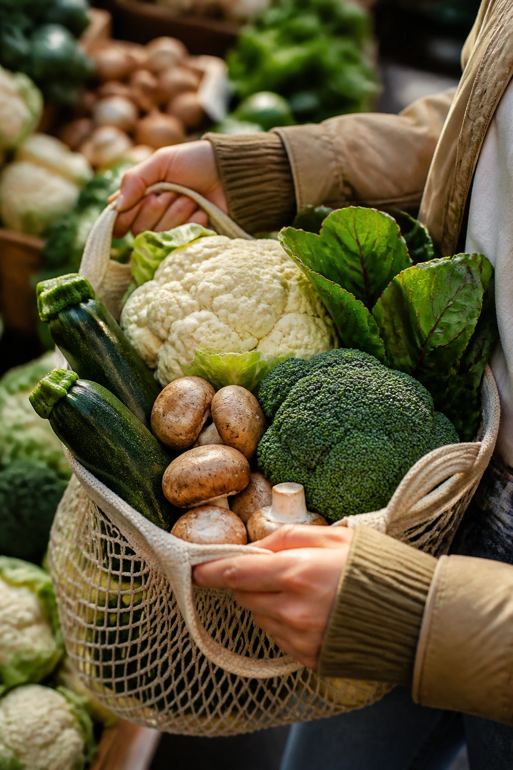 Grocery bag with fresh cauliflower, broccoli, zucchini, and mushrooms at market