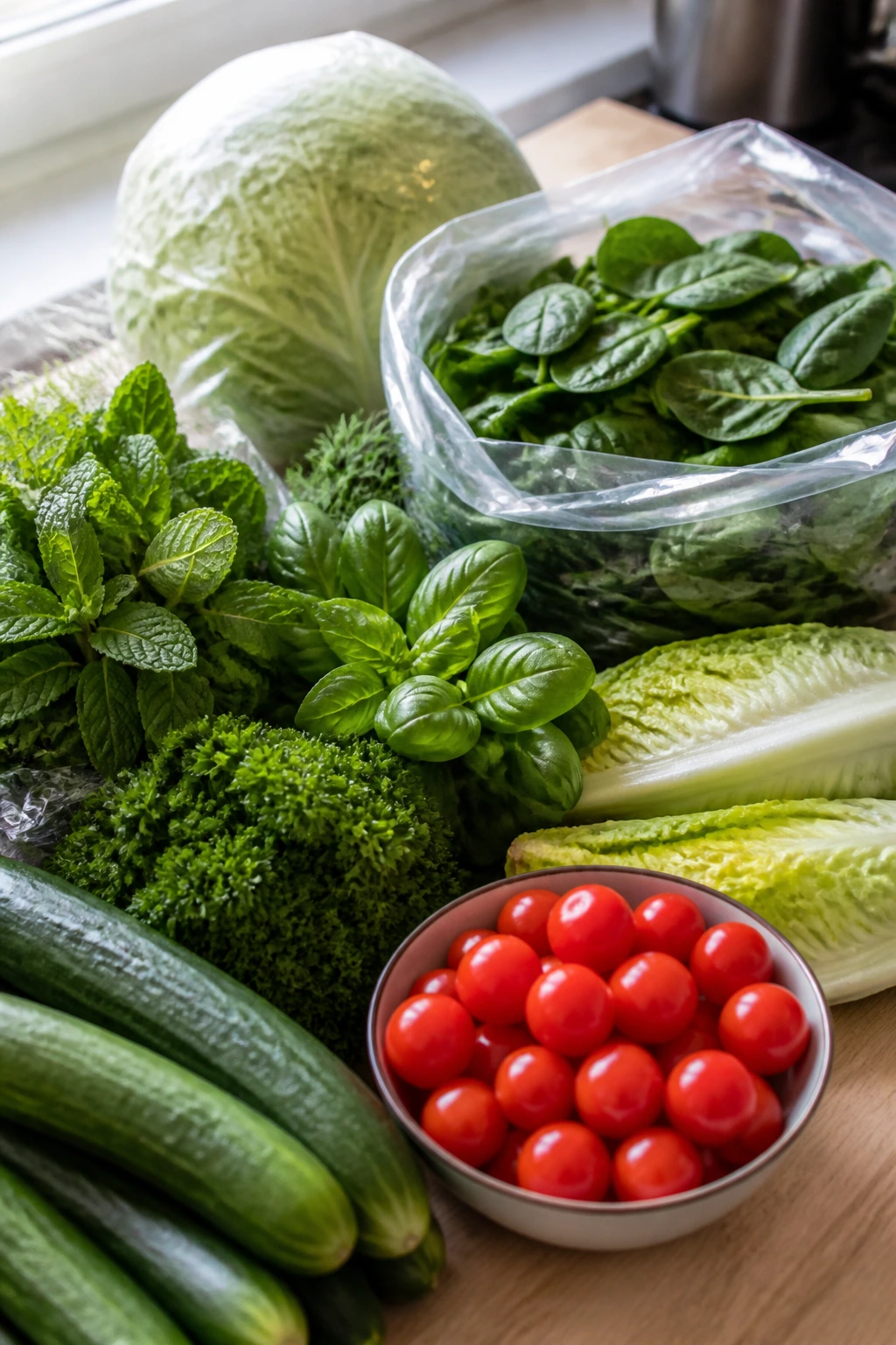 Close-up of fresh picnic produce: tomatoes, cucumbers, cabbage, and herbs