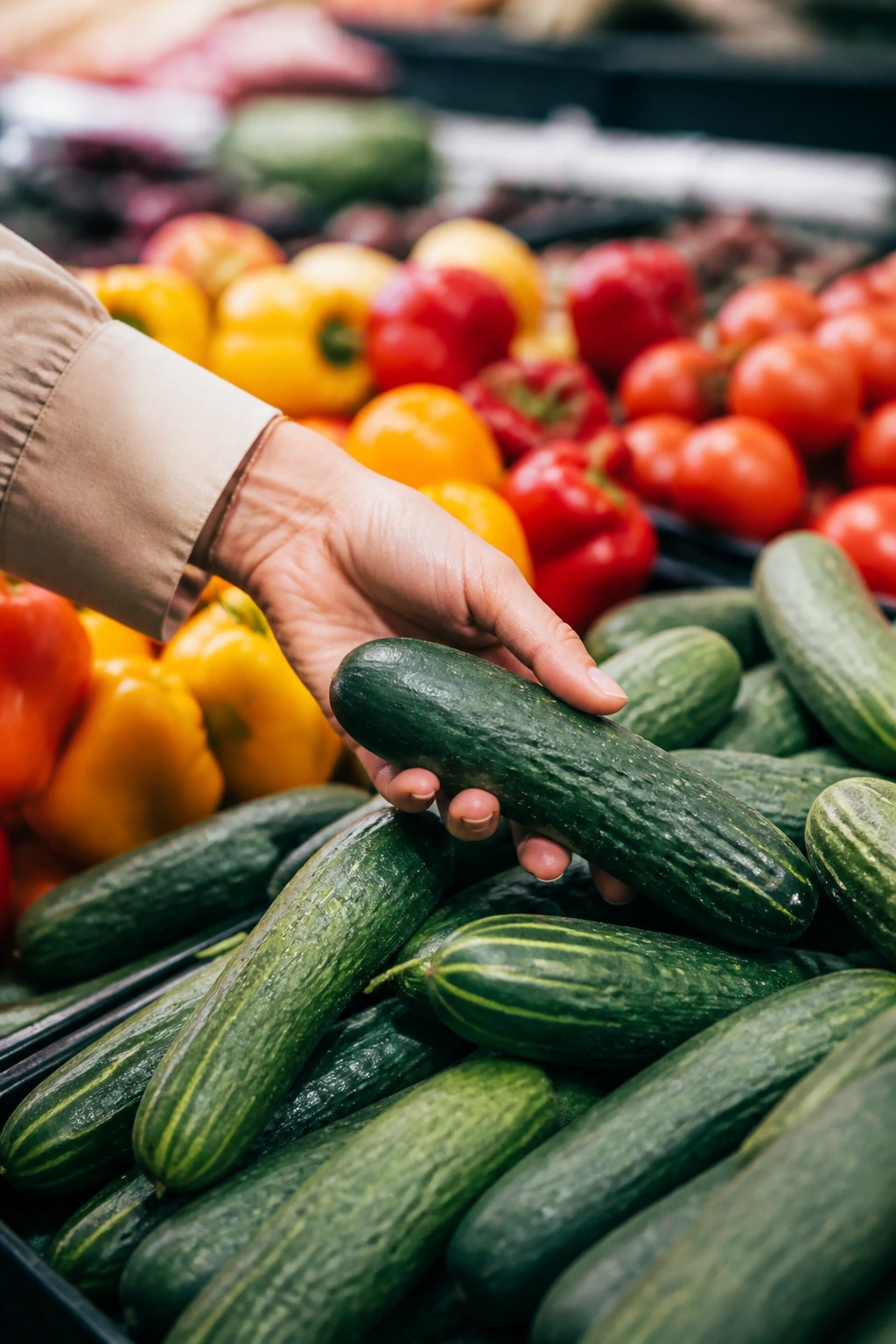 Hand selecting fresh cucumbers at a grocery store produce section