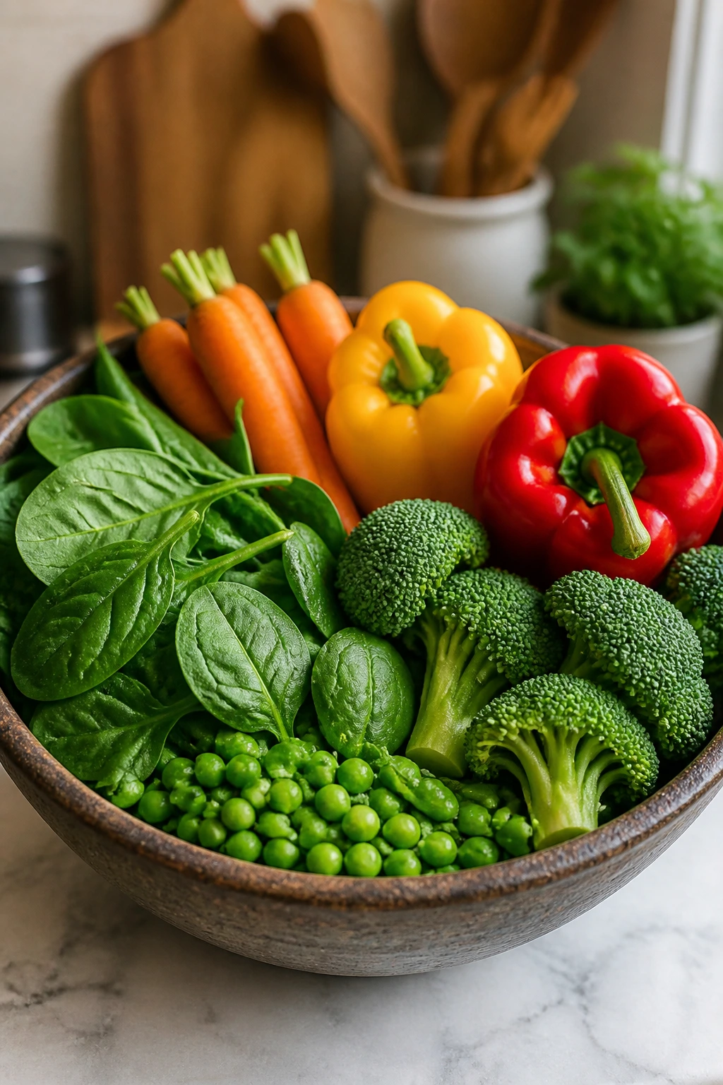 Vibrant vegetable assortment in a bowl on a kitchen counter