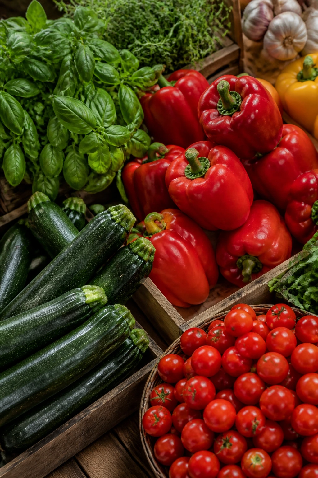 Fresh produce on market stand: zucchini peppers tomatoes herbs