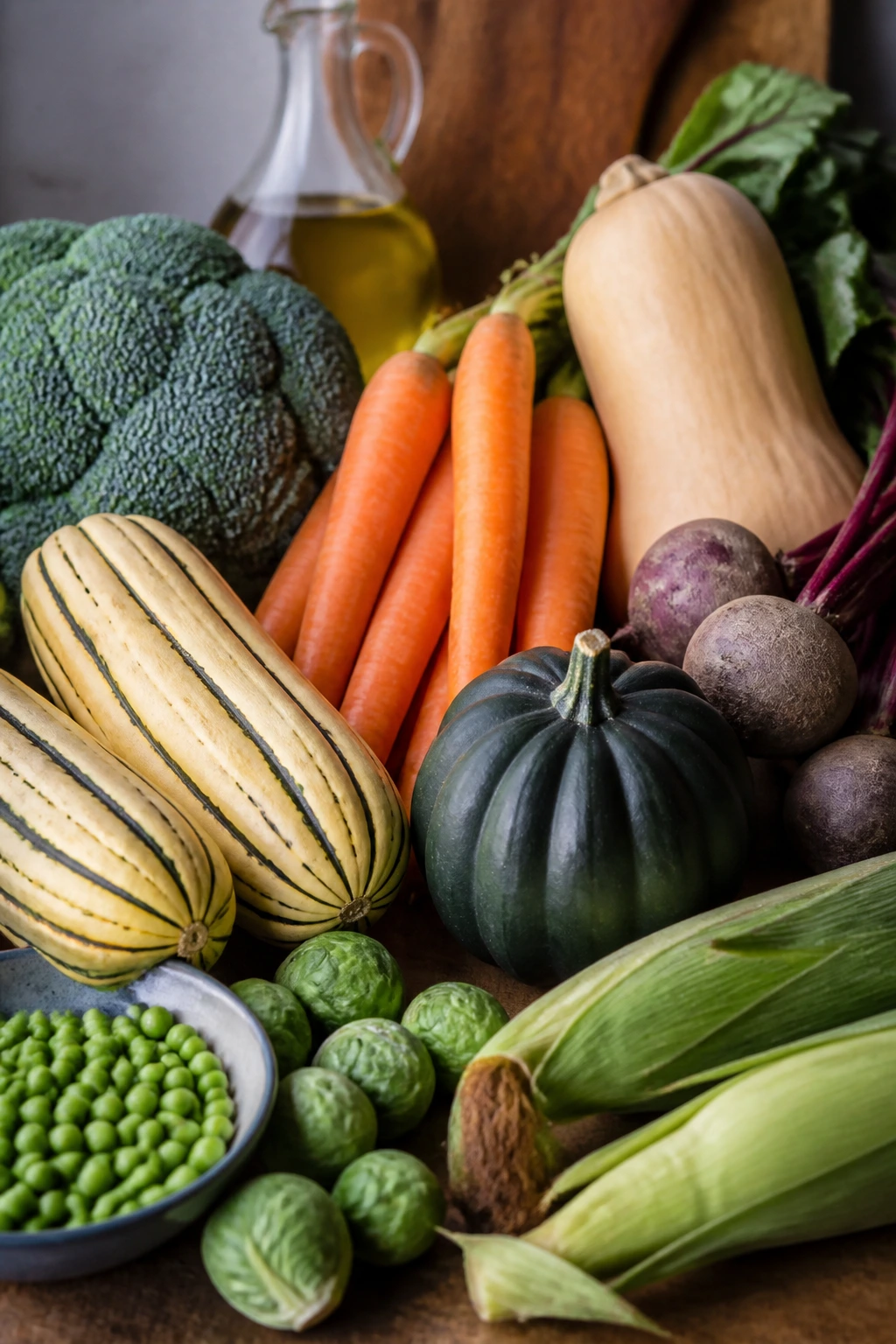 Fresh produce selection including broccoli, sprouts, carrots, squash, beets and peas on a wooden board