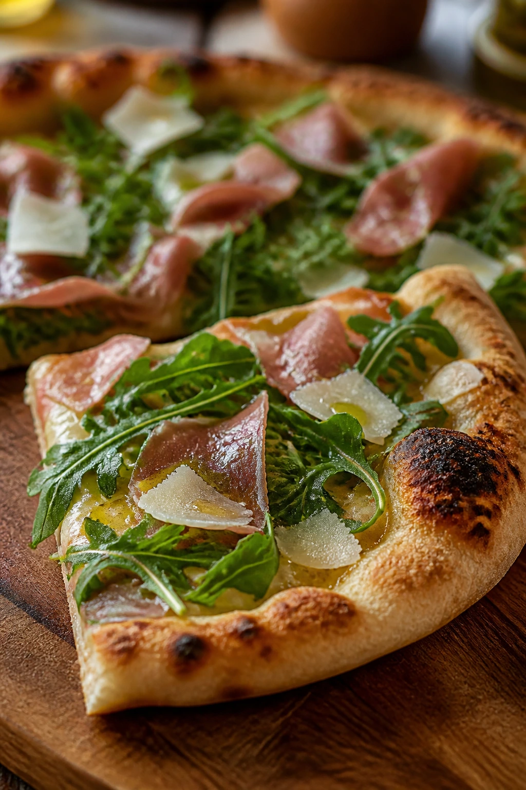 Close-up of prosciutto arugula parmesan pizza slice with arugula on top