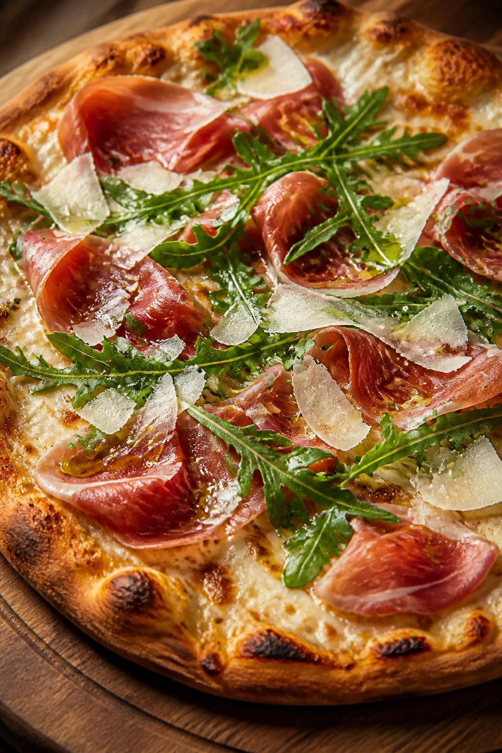 Close-up of prosciutto arugula parmesan pizza with fresh greens on top