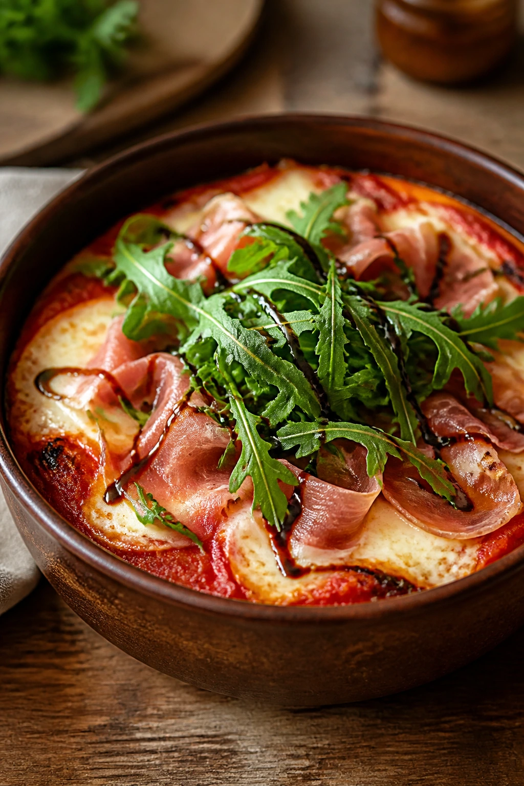 Close-up of Prosciutto and Arugula Pizza Bowl with prosciutto and greens