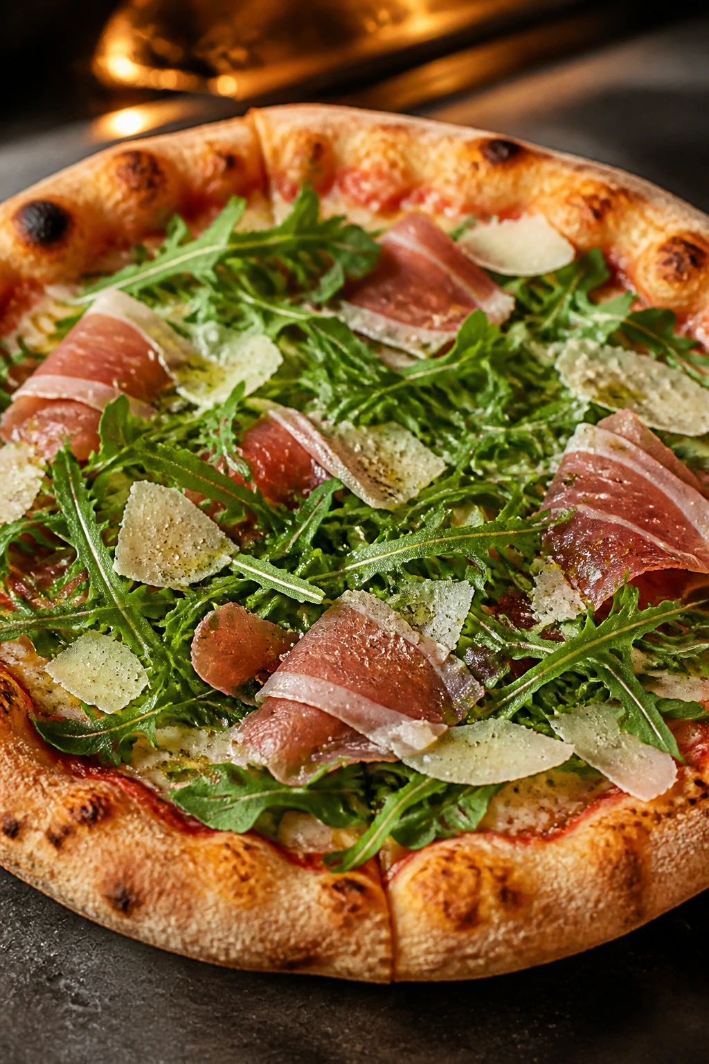 Prosciutto and arugula pizza with parmesan on hot crust