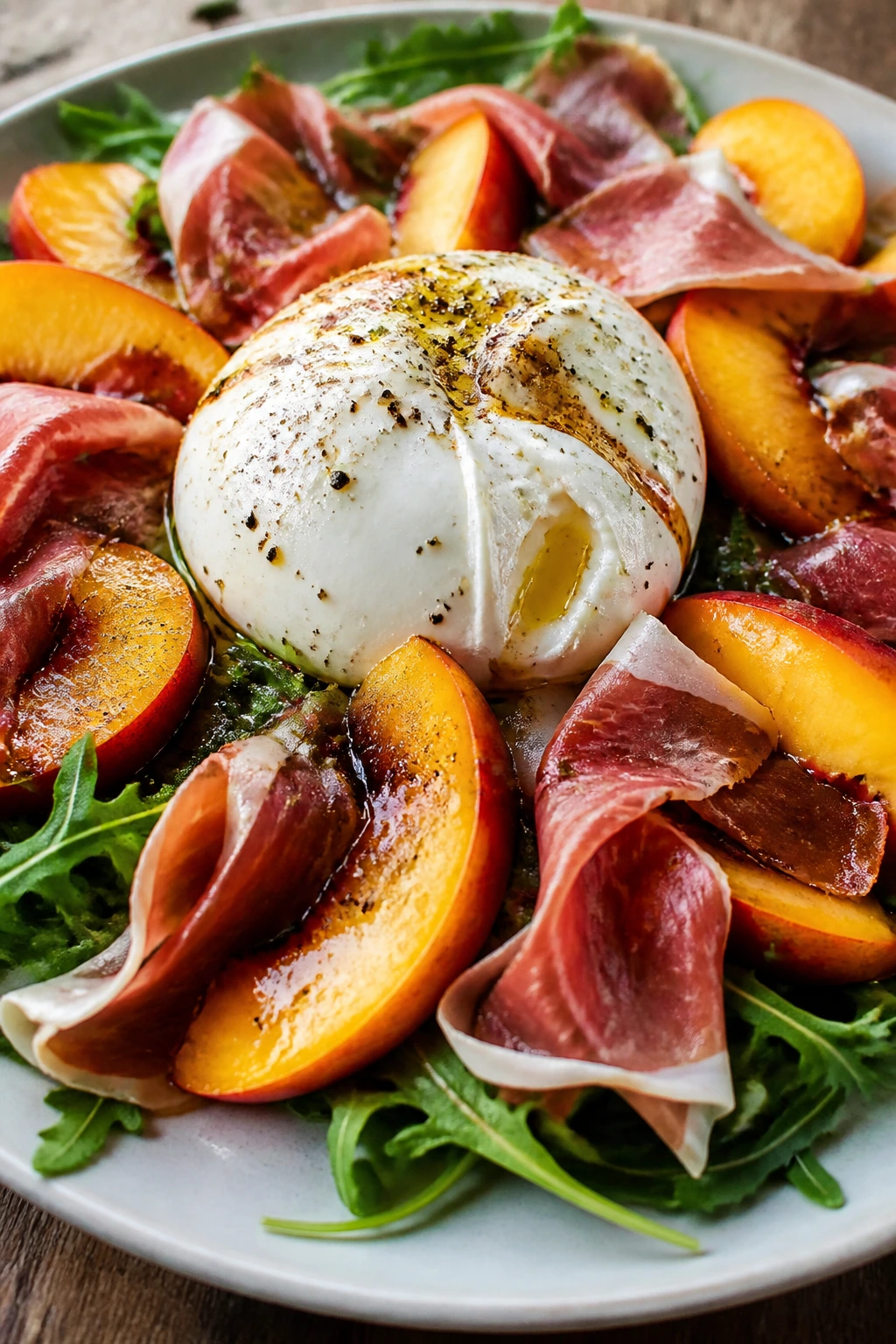 Plate with burrata, peach slices, and prosciutto on arugula