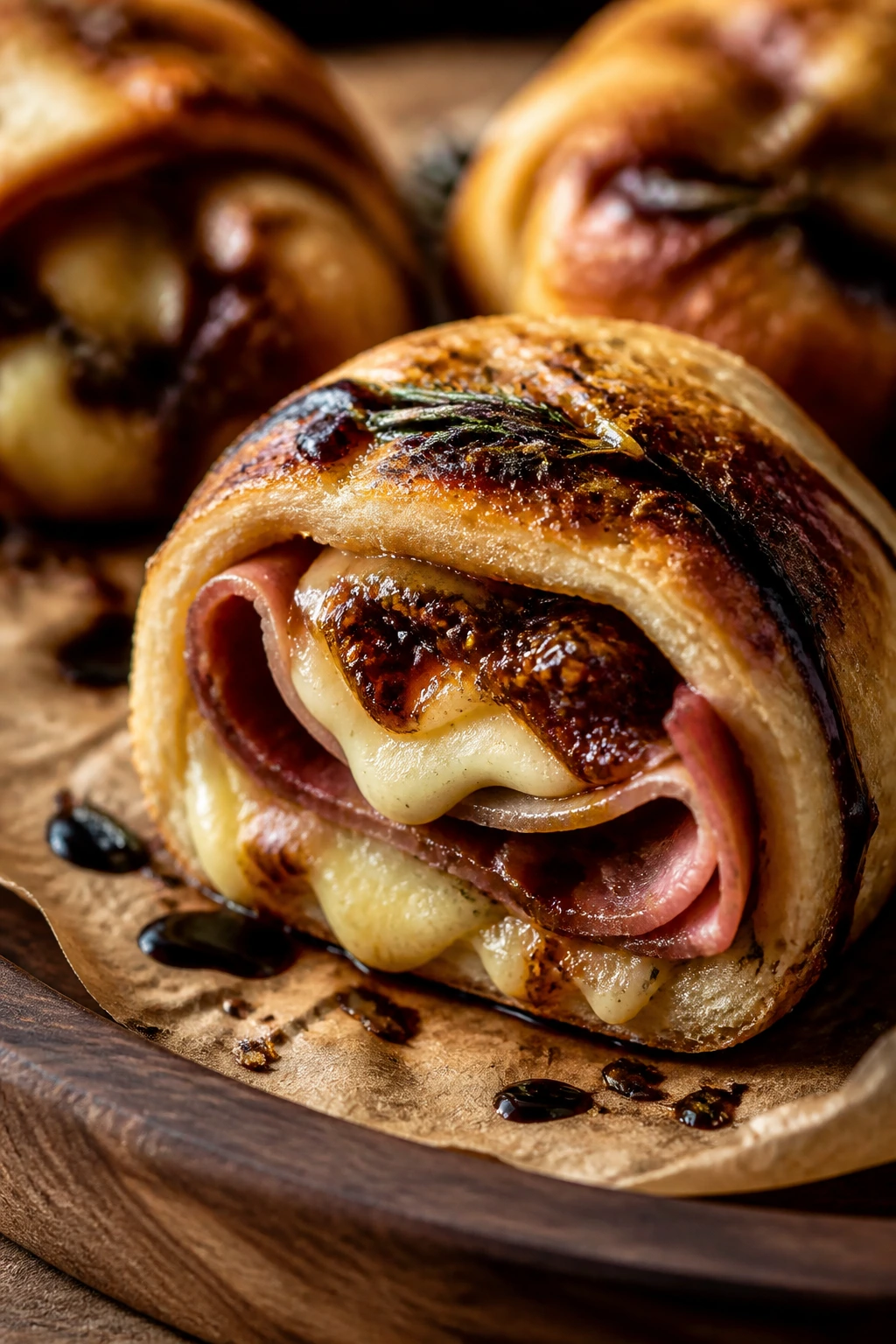 Cross-section of prosciutto fig balsamic roll with cheese
