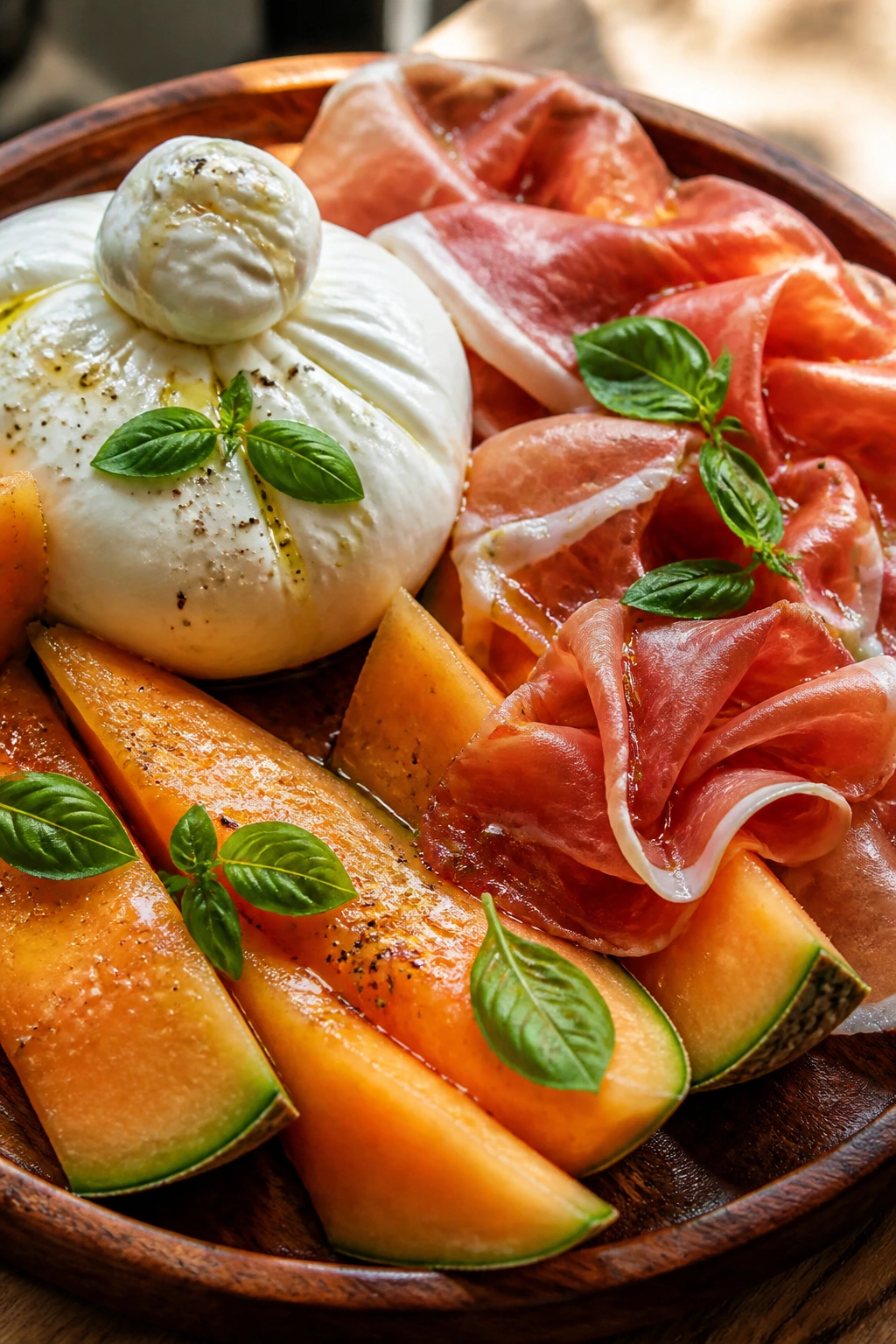 Plate with melon, prosciutto, burrata and basil arranged elegantly.