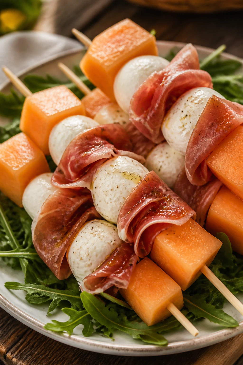 Skewers with cantaloupe, prosciutto, burrata over arugula