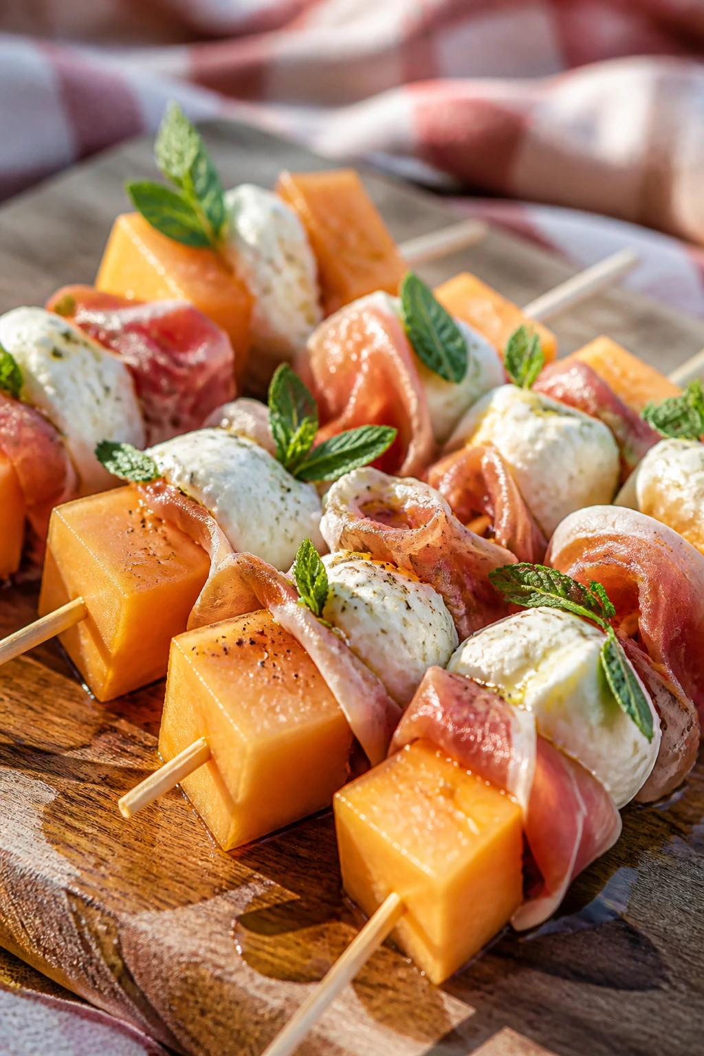 Close-up of prosciutto melon burrata skewers on a rustic board with mint