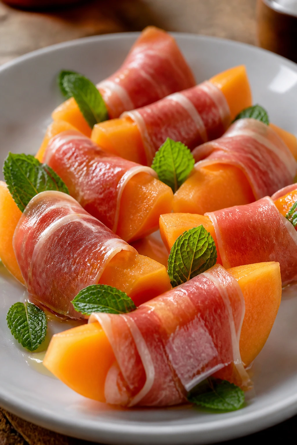 Prosciutto-wrapped melon with mint on plate
