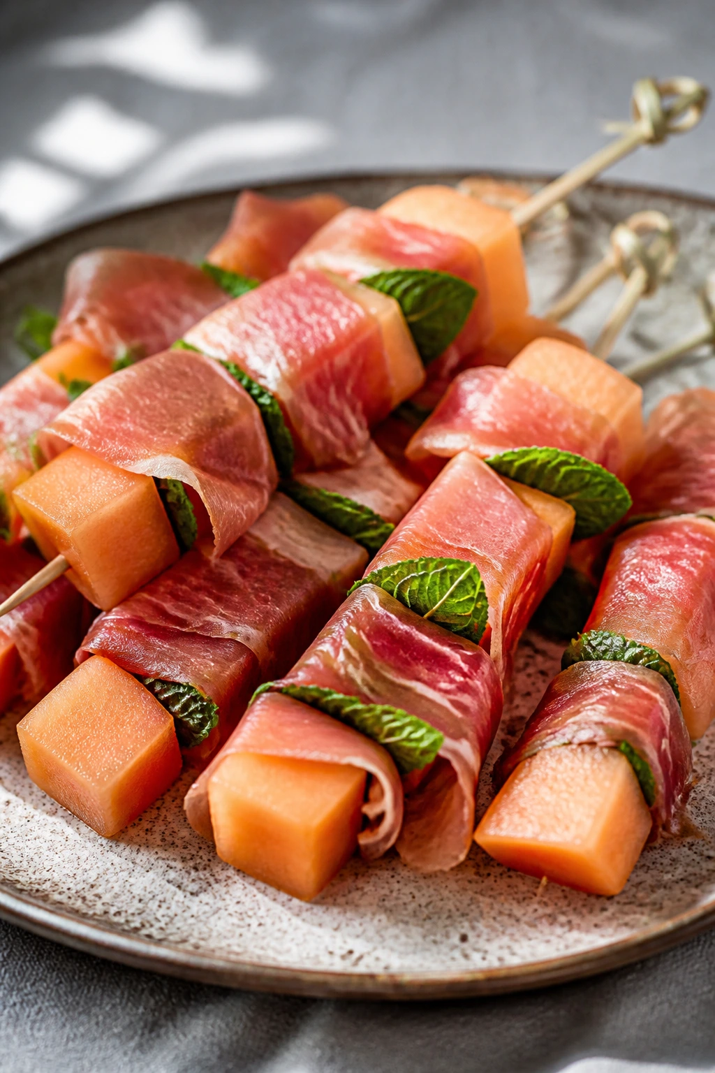 Skewers of cantaloupe and prosciutto with mint on a rustic platter.