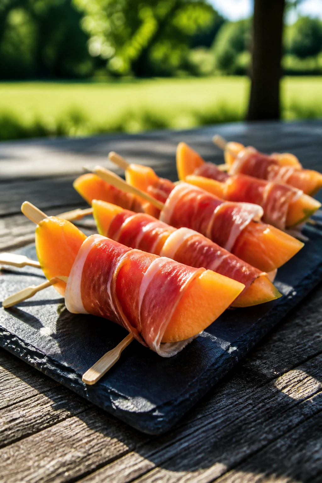 Prosciutto-wrapped melon skewers on a slate board outdoors