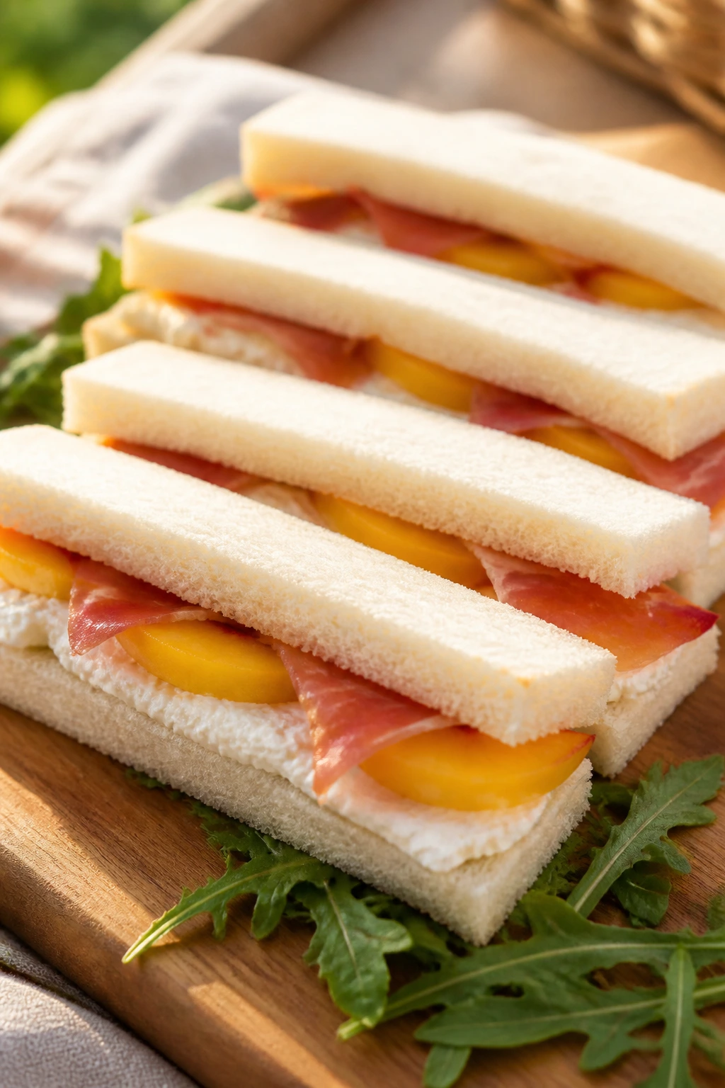Close-up of prosciutto peach ricotta finger sandwiches at a sunny picnic