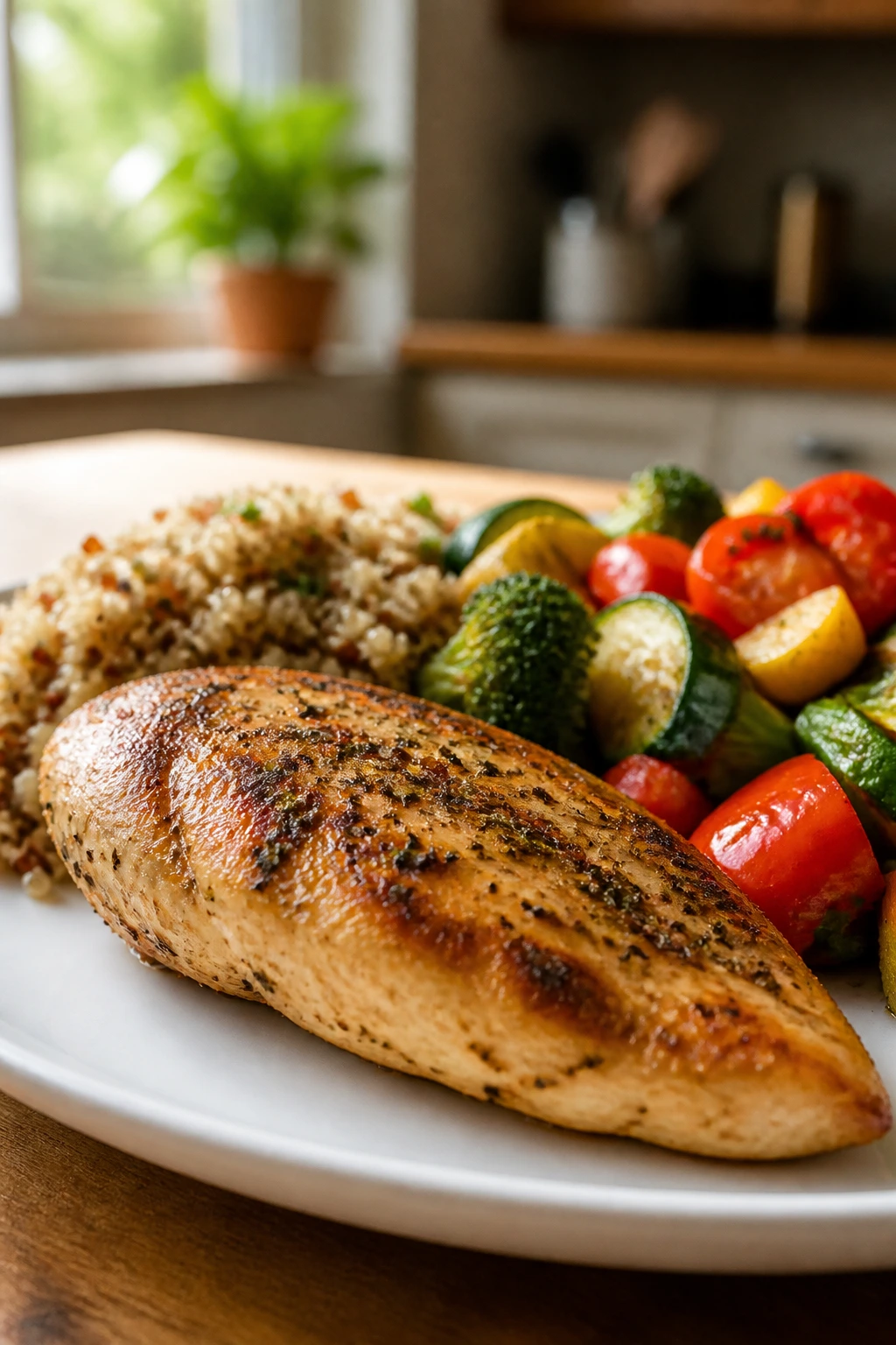 Protein-forward plate with chicken, vegetables, and quinoa