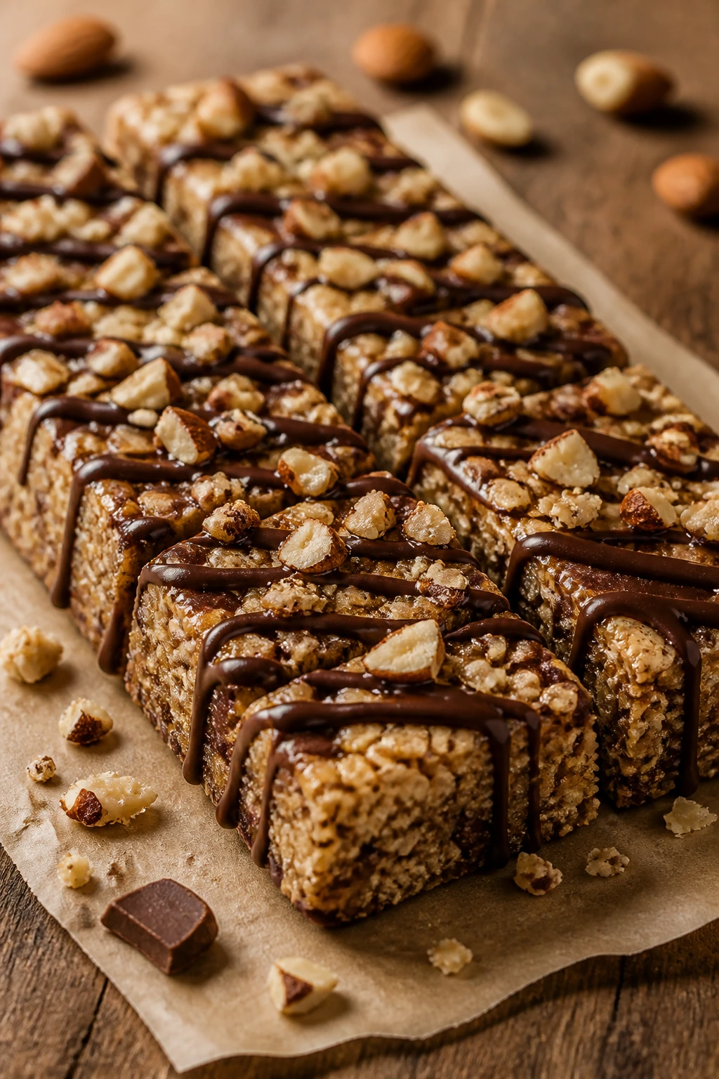 Sliced protein bar with chocolate drizzle on parchment