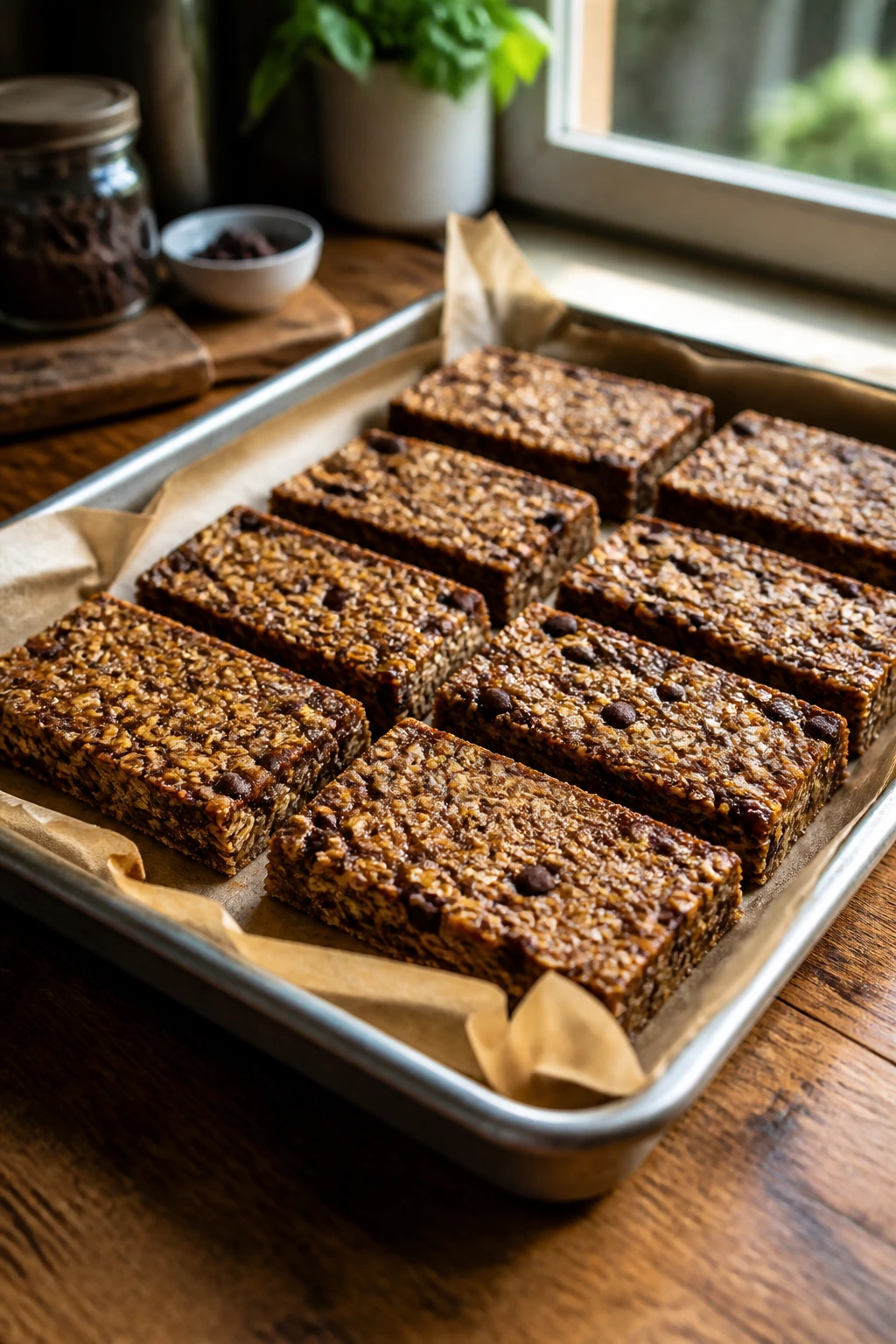 Close-up of a batch of chewy protein bars cooling on a rustic wooden counter