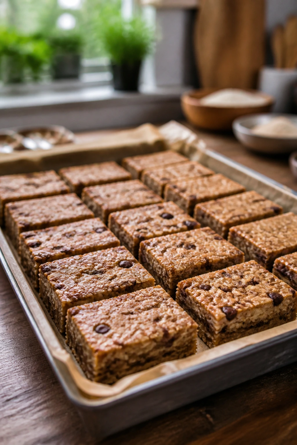 Tray of homemade protein bars ready for weeklong batch storage