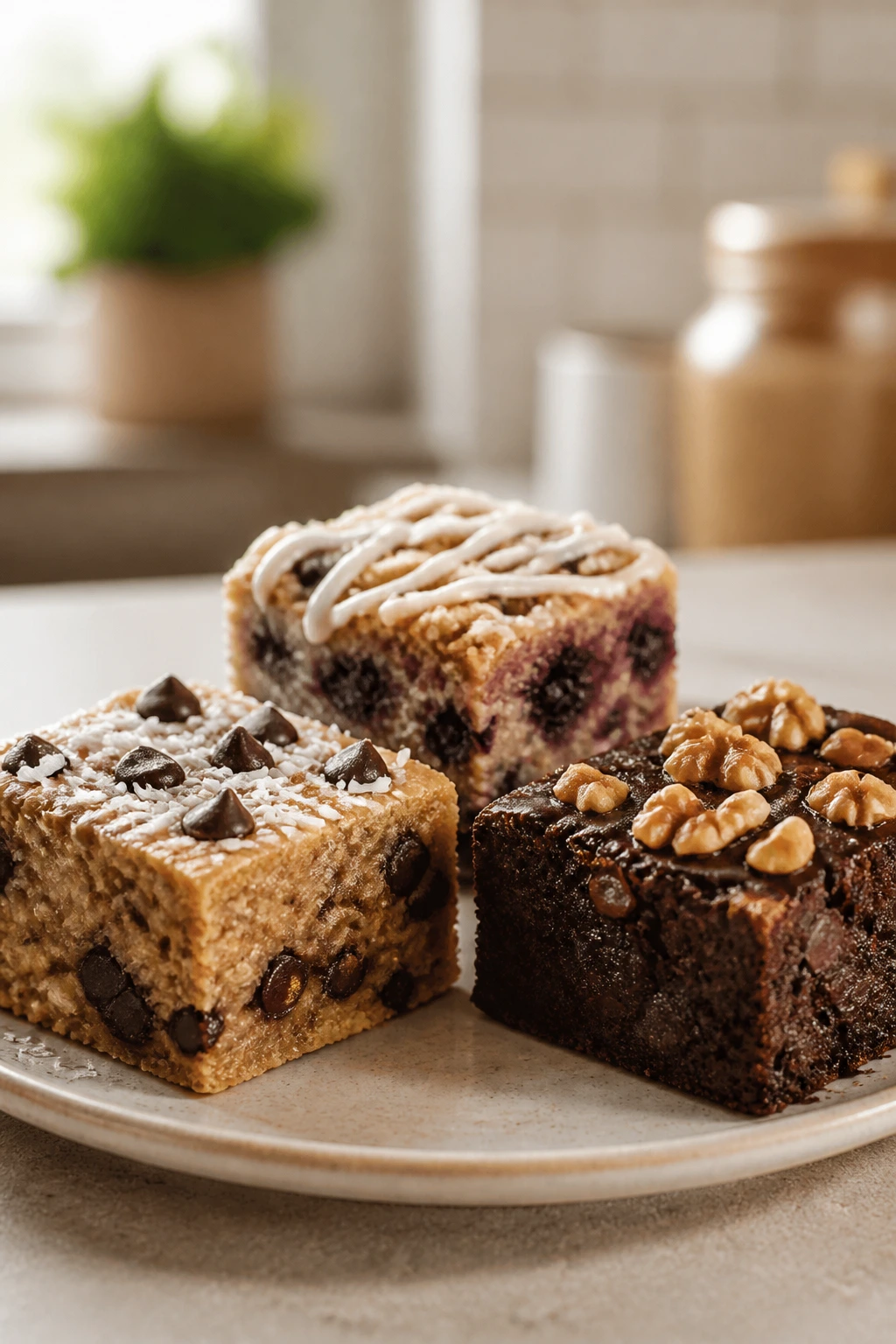 Plate of three different high-protein dessert bars