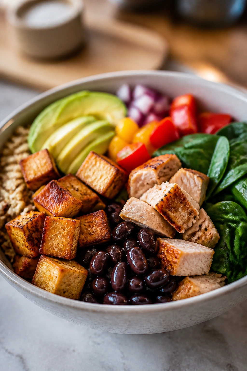 Protein-forward bowl with tofu, beans, chicken, and greens.