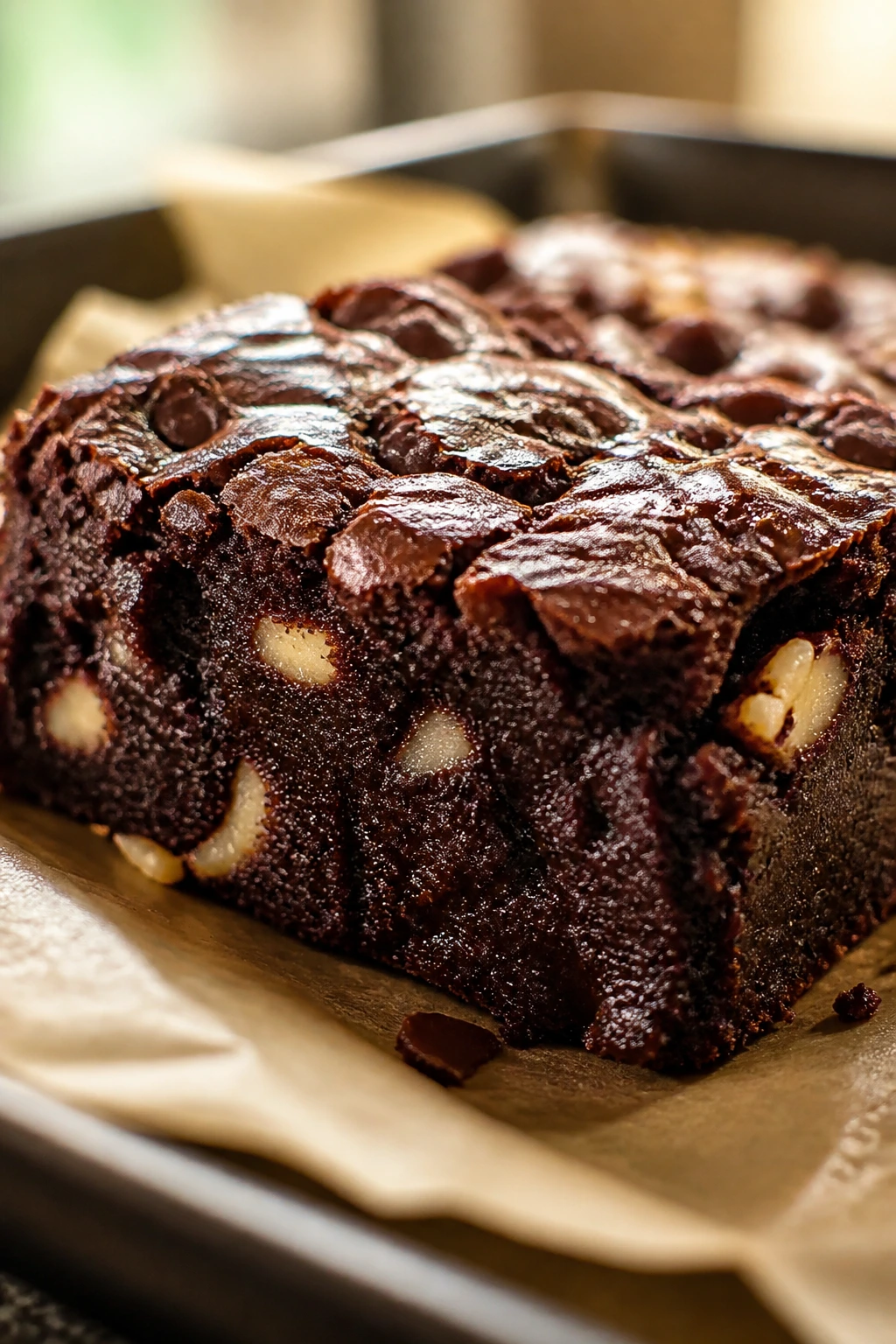 Protein-packed brownie bar on parchment in a warm kitchen