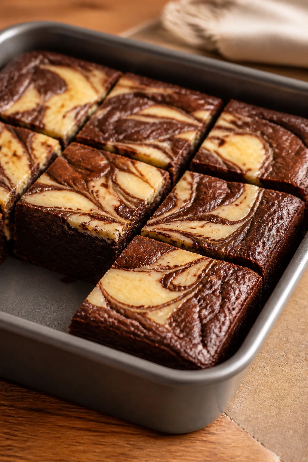Close-up of Protein Cheesecake Brownies with cheesecake swirl