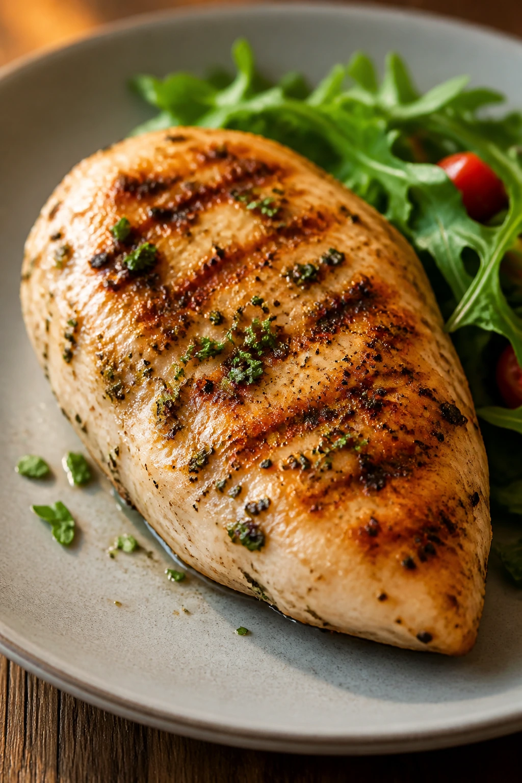 Prominent chicken breast portion on a dinner plate.