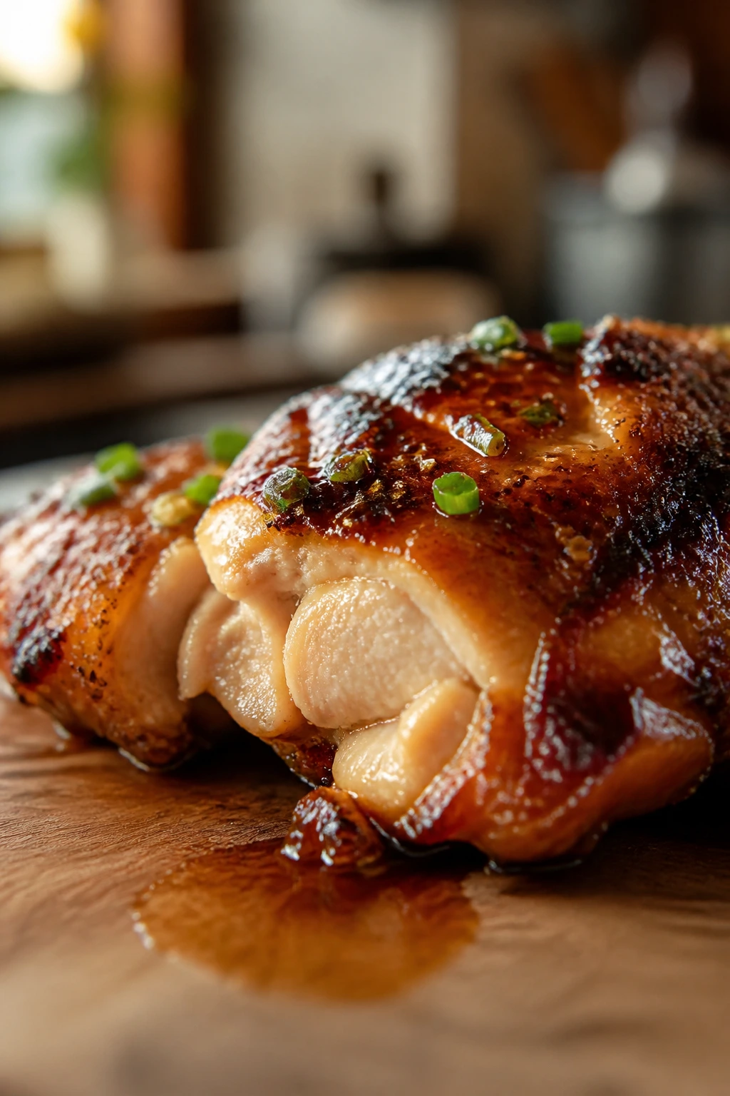 Juicy chicken thigh bite lacquered with sticky sauce in a kitchen