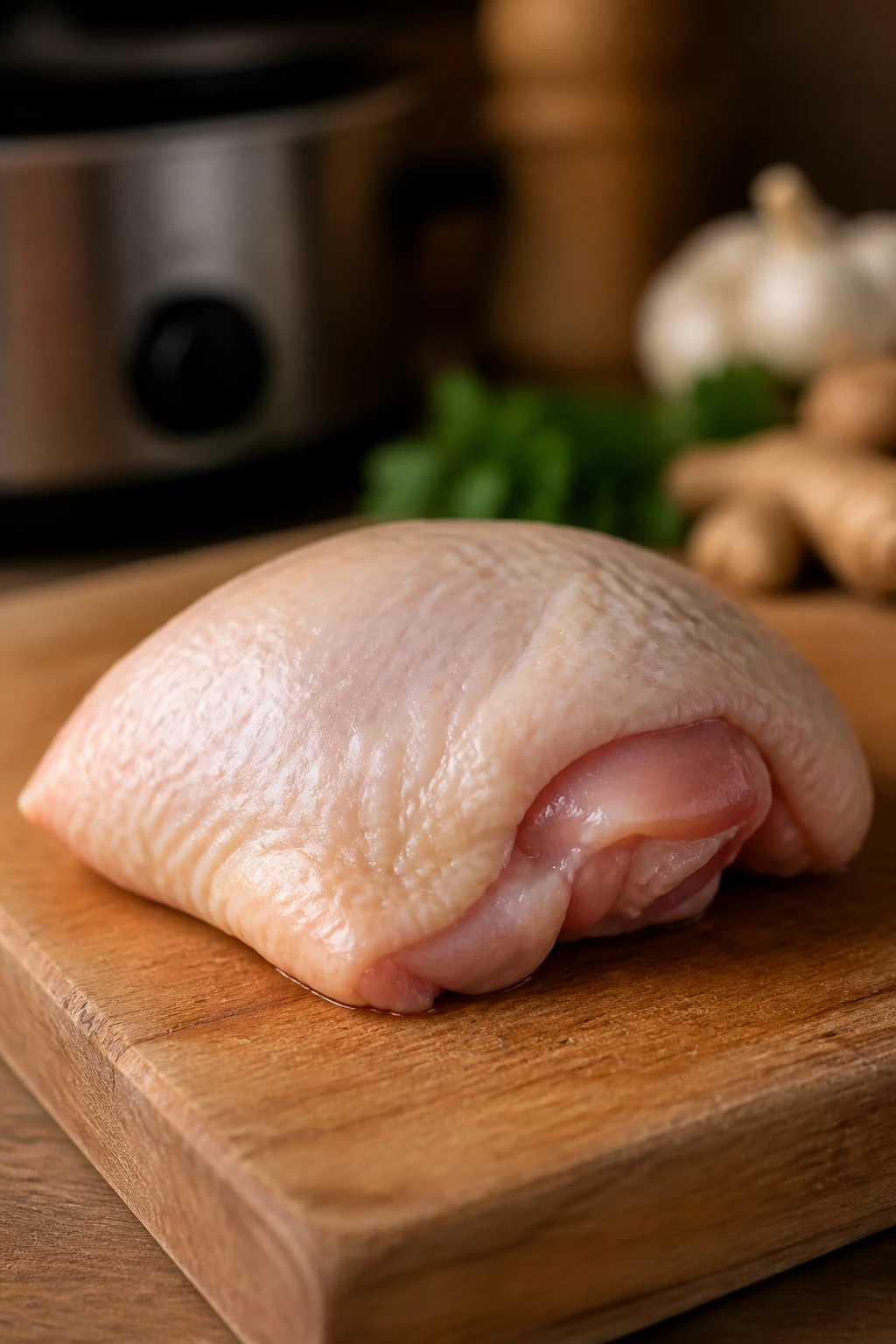 Raw chicken thigh on cutting board ready for slow cooker preparation