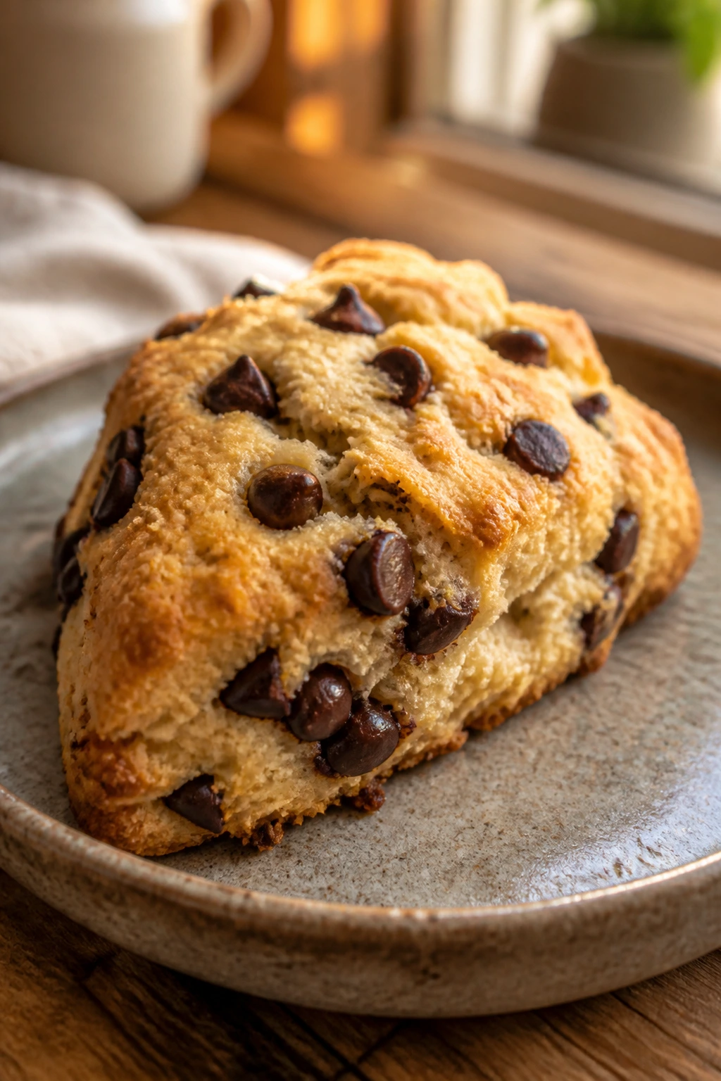 Close-up of a chocolate chip protein scone on a rustic plate