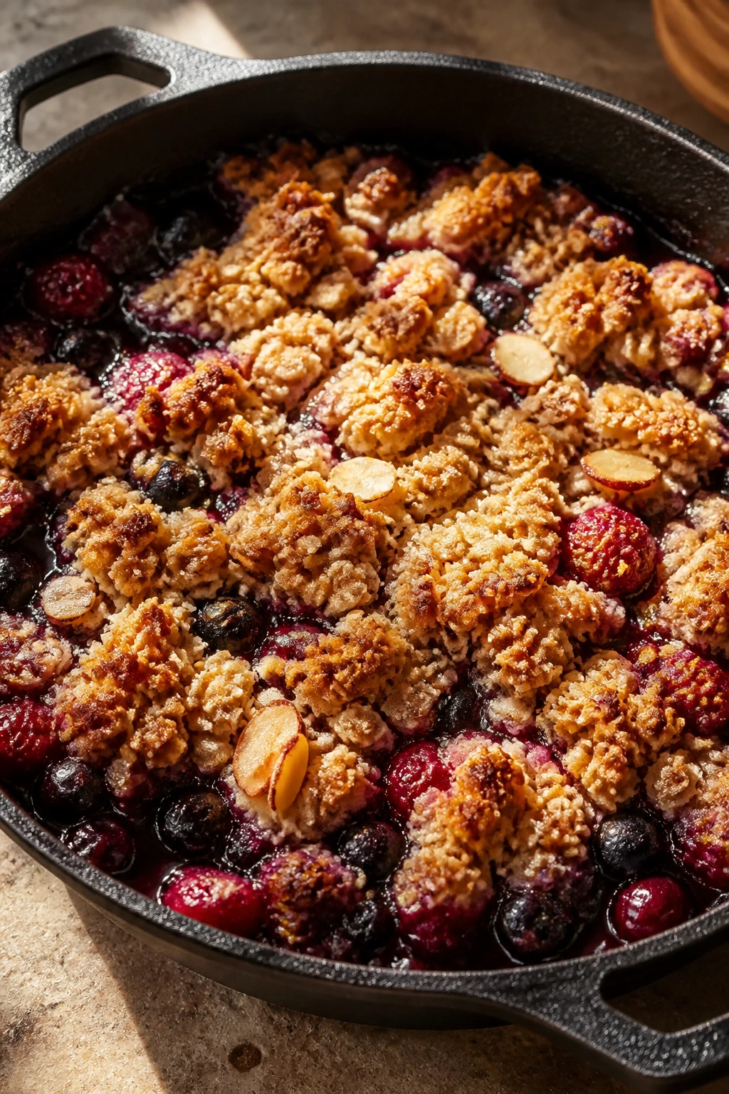 Cast-iron skillet with vanilla berry protein crumble bubbling.