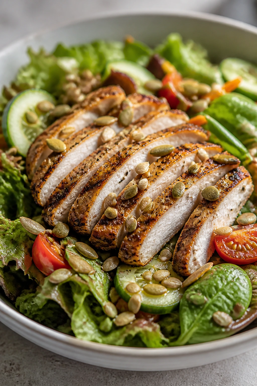 Salad with sliced grilled chicken and seeds for crunch