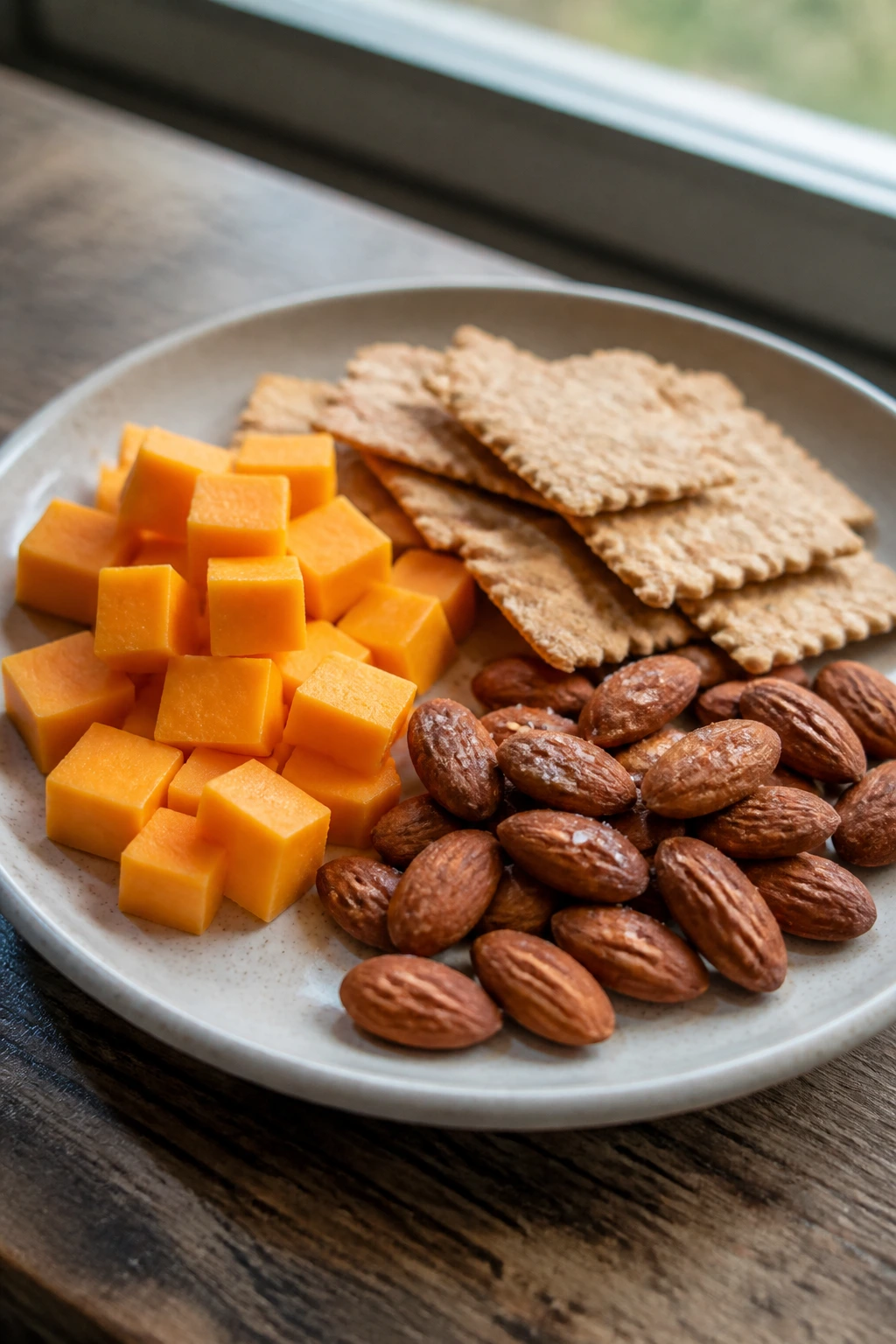 Snack plate with cheese, crackers, and almonds showing protein and crunch.