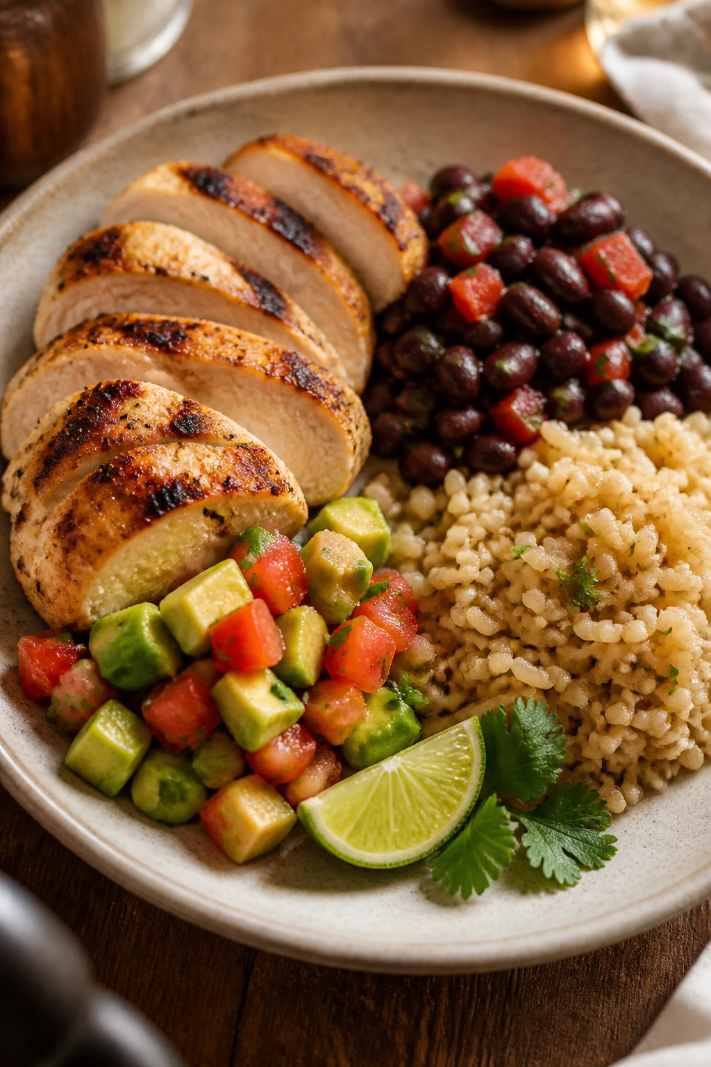 Plate of protein-rich dairy-free dinner on table