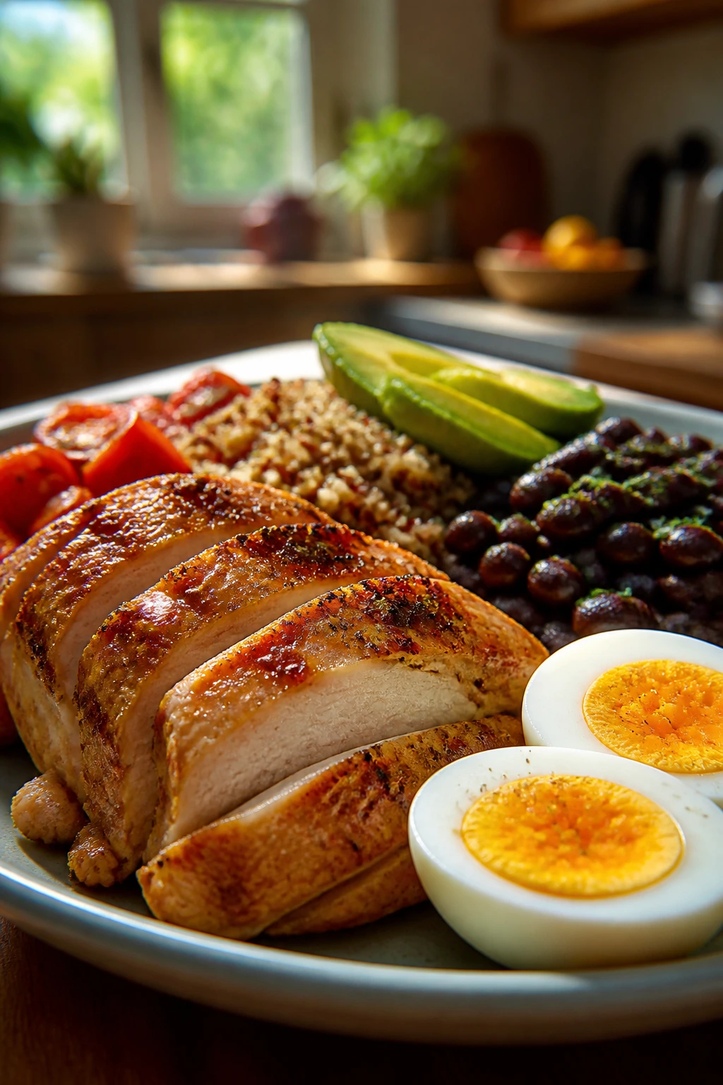 Plate of protein-dense family meal with chicken, eggs, and beans