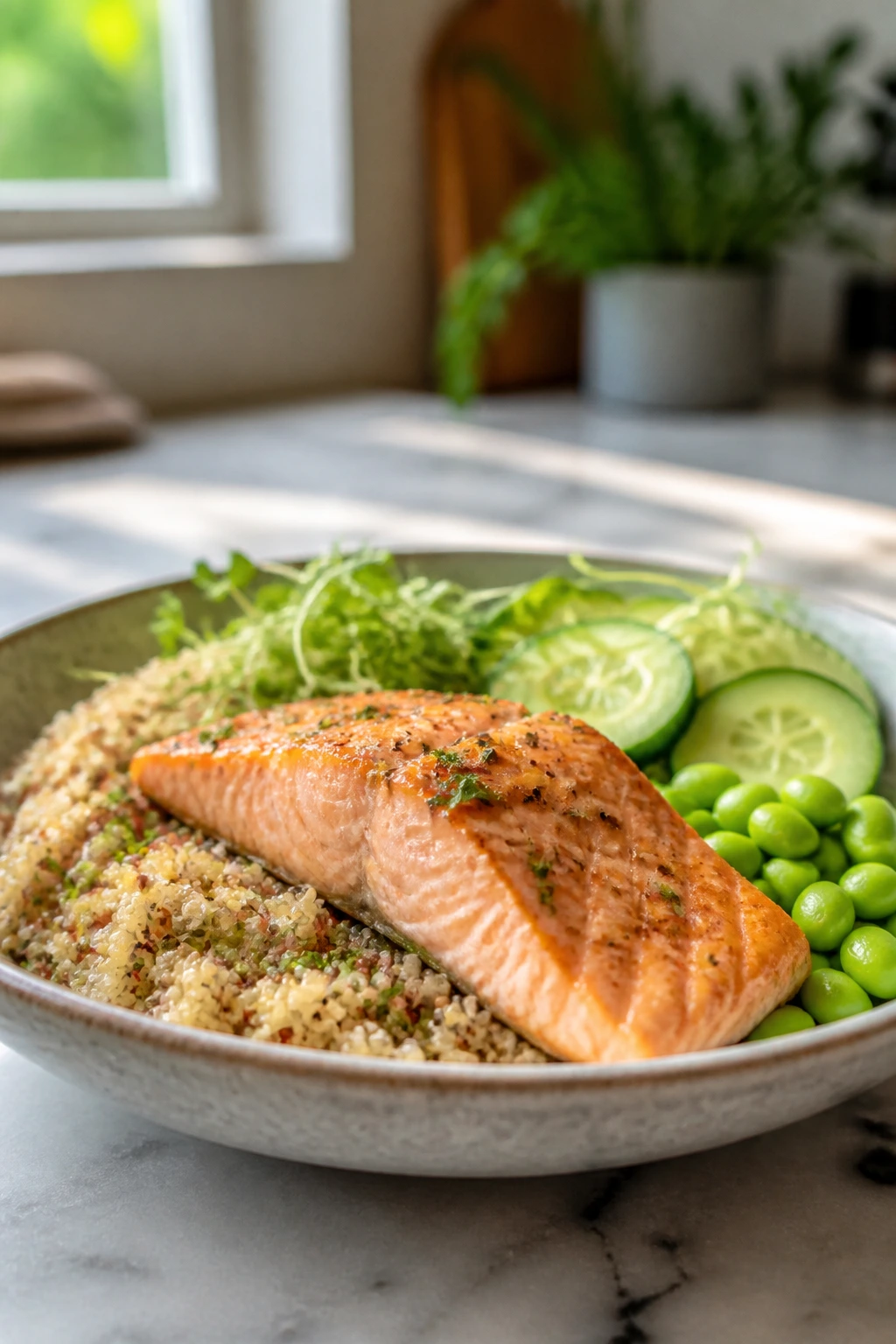 Close-up of a protein-dense plate with salmon, quinoa, cucumber and edamame