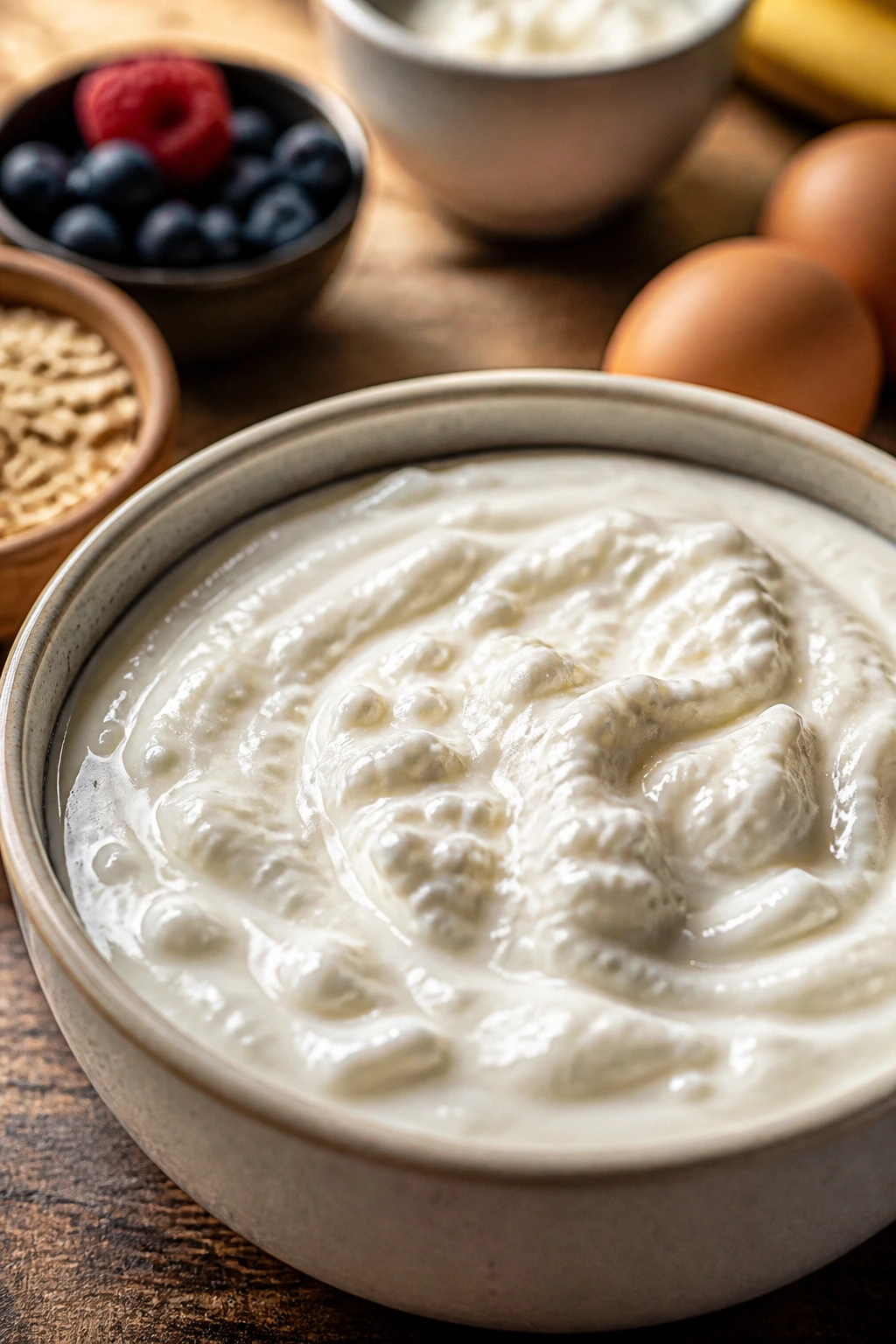 Creamy yogurt and cottage cheese base in a bowl with surrounding ingredients.