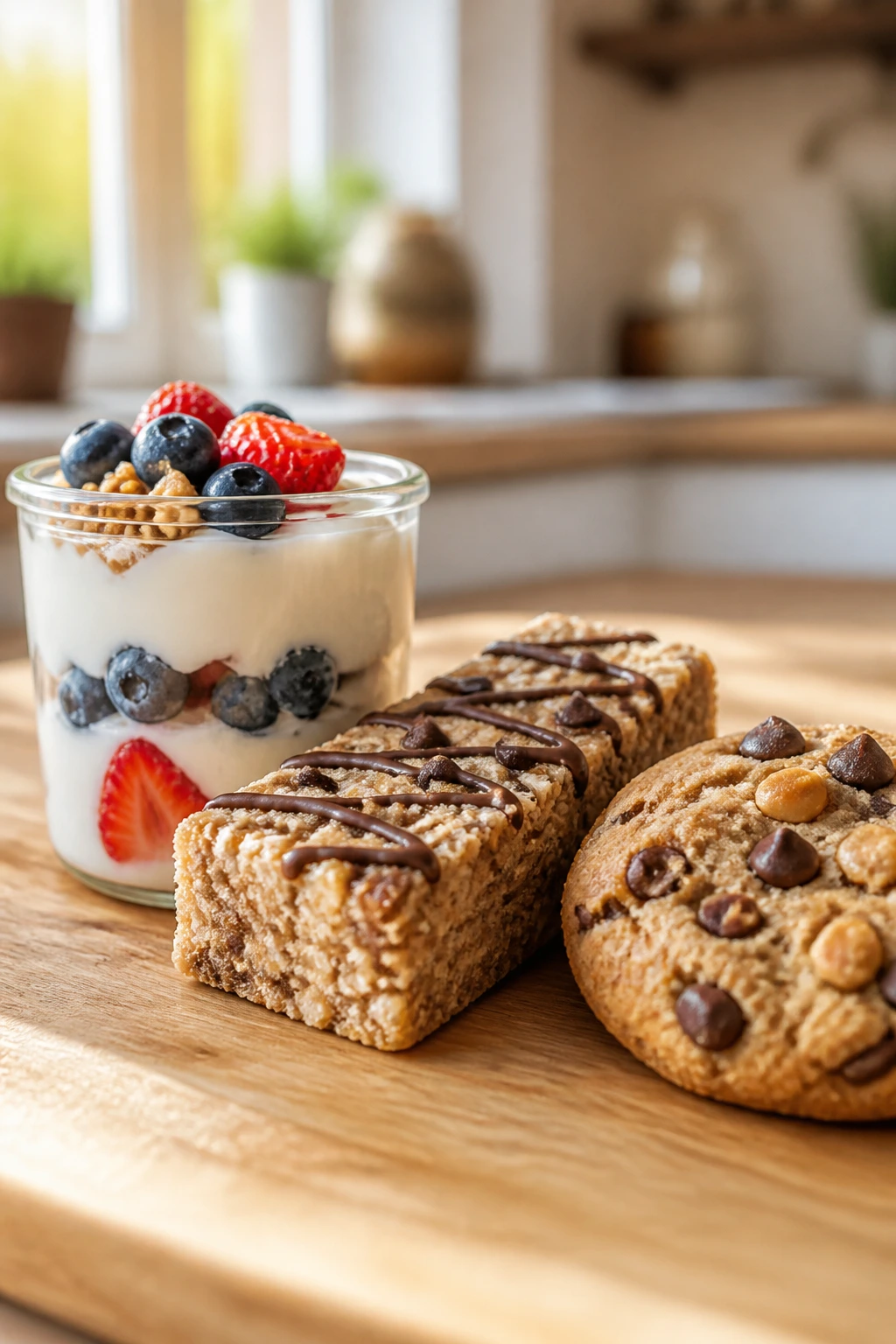 Close-up of no-bake yogurt cup, protein bar, and protein cookie on wooden counter in a bright kitchen