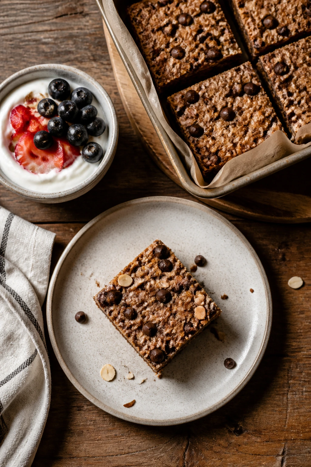 Serving setup with yogurt bowl, berries, and protein bar.