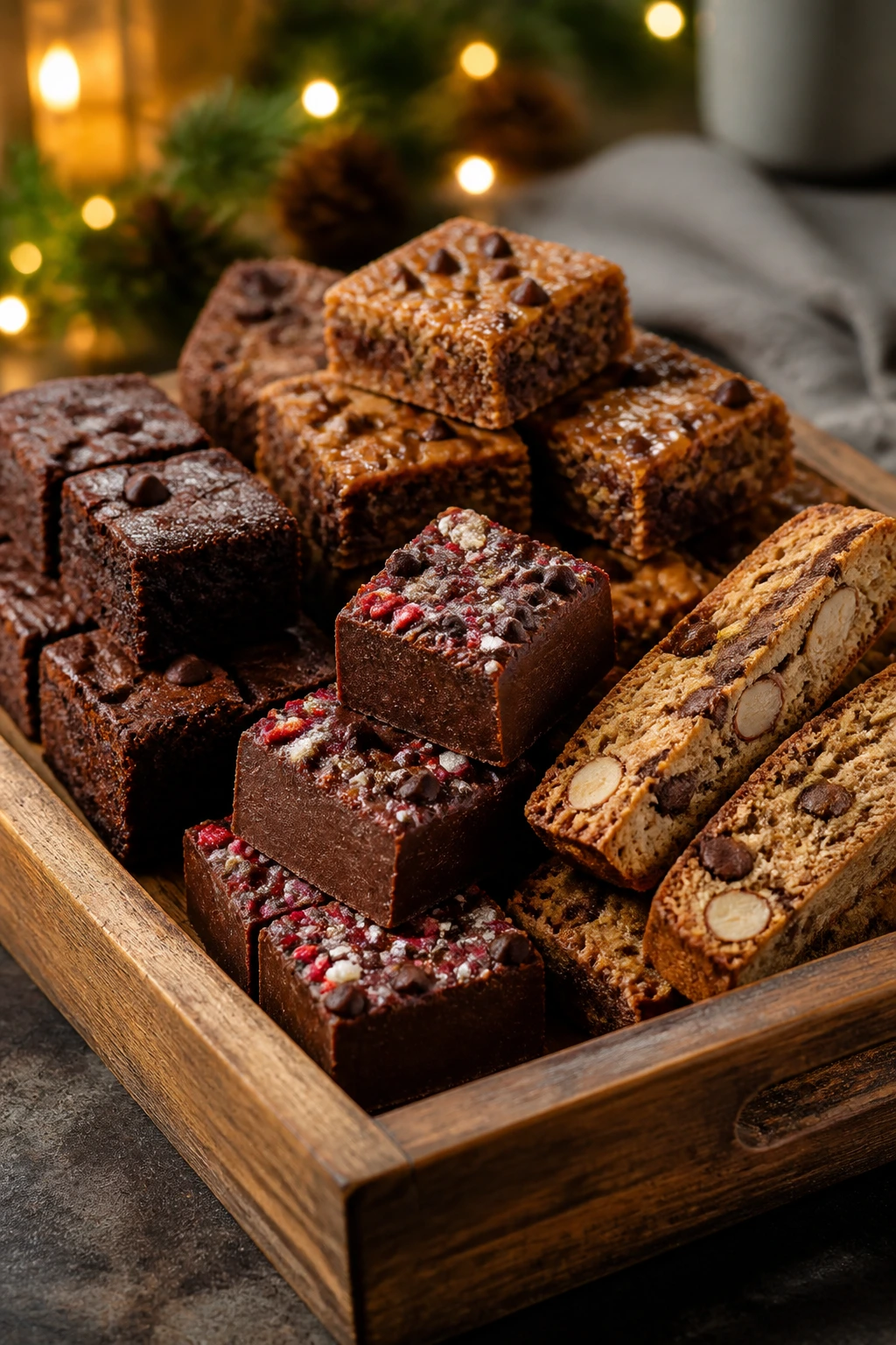 Tray of high-protein holiday desserts on a rustic wooden surface