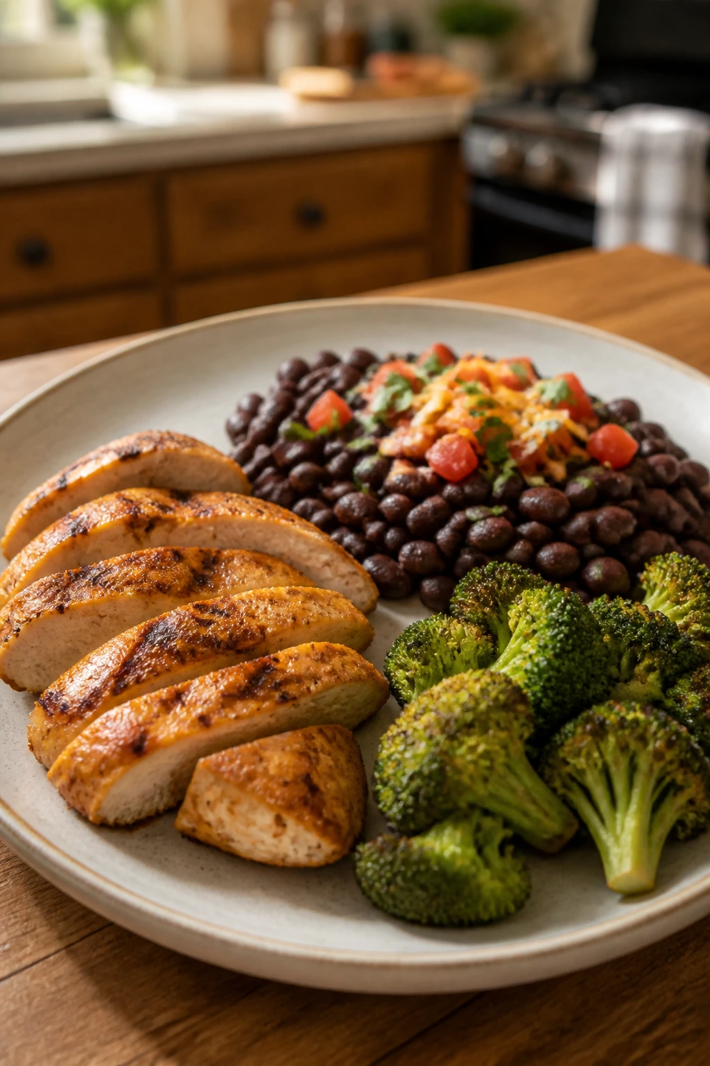 Close-up plate with three protein options on a kitchen counter dominating the frame