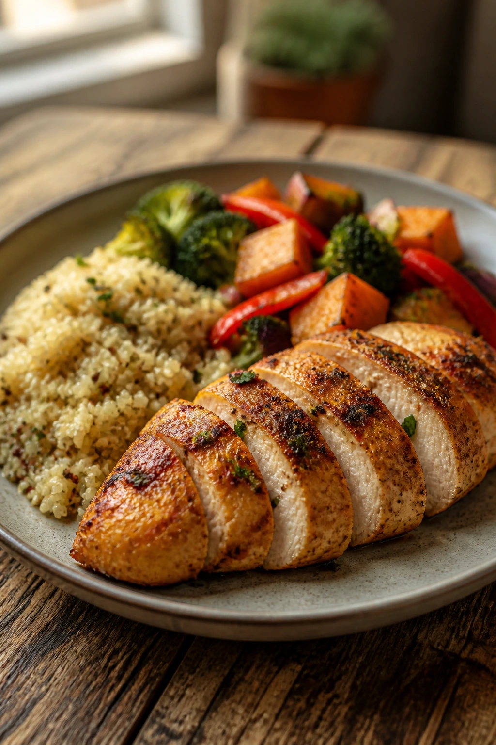 Close-up of a protein-forward dinner plate on a wooden table, showcasing a hearty entree.