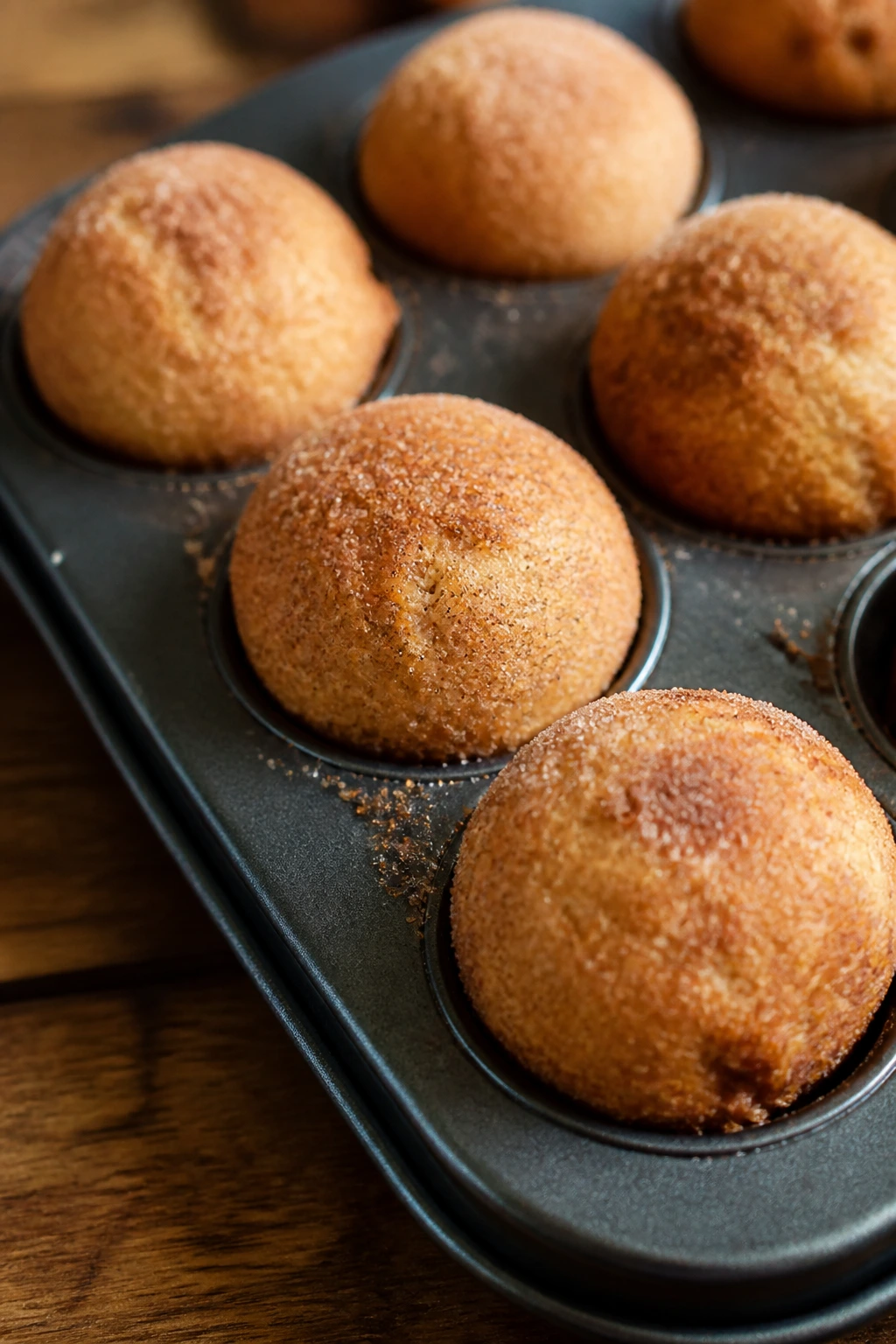 Close-up of baked protein donut holes in a mini muffin tin