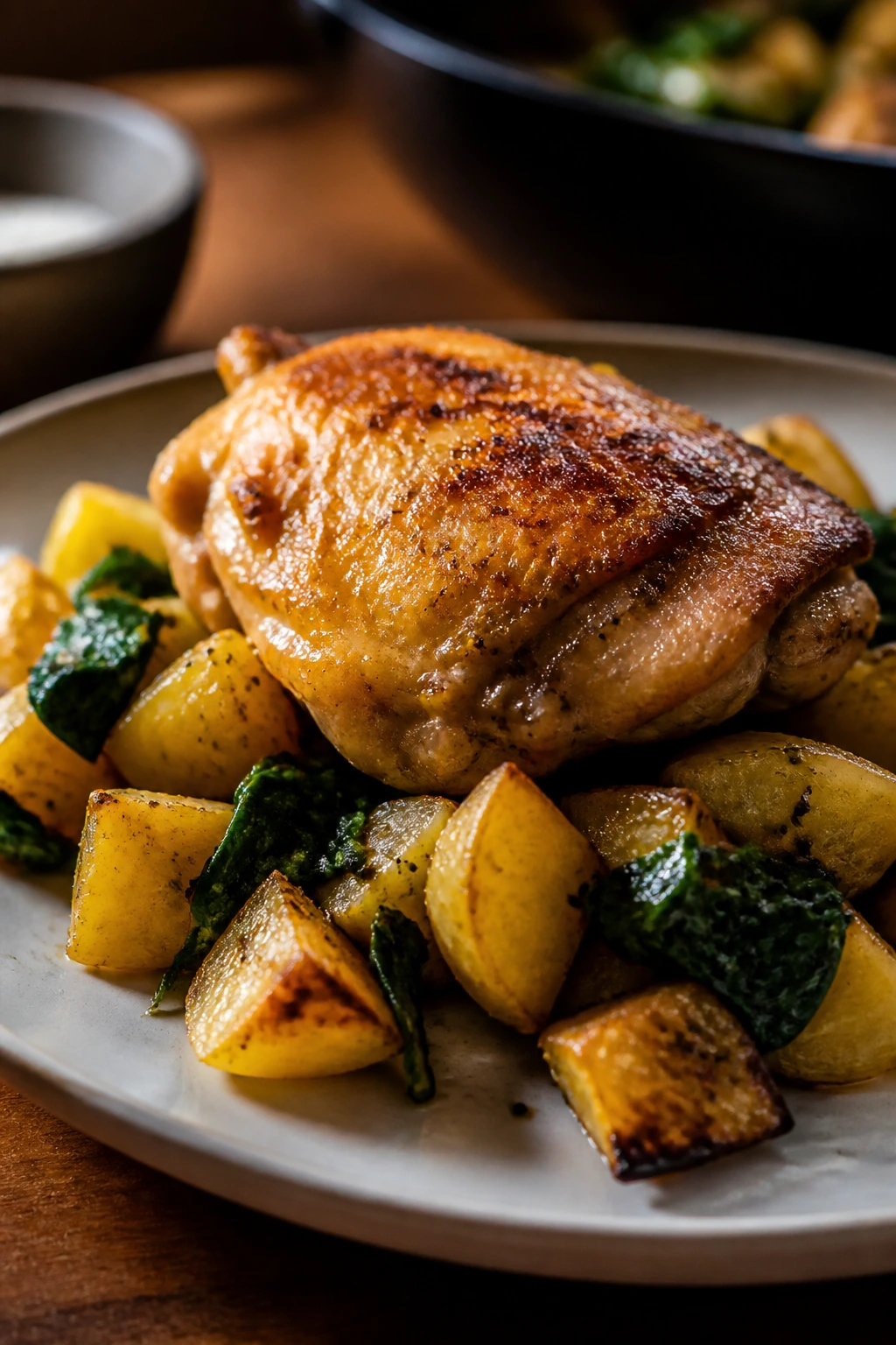 Plate with chicken thigh and potatoes showing budget-friendly protein options