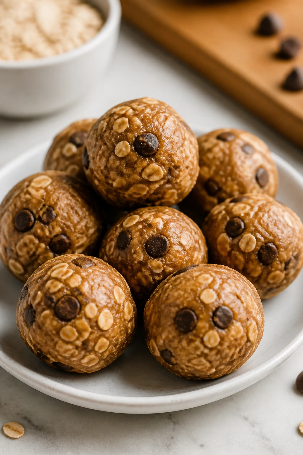 Plate of no-bake protein energy balls on a kitchen counter