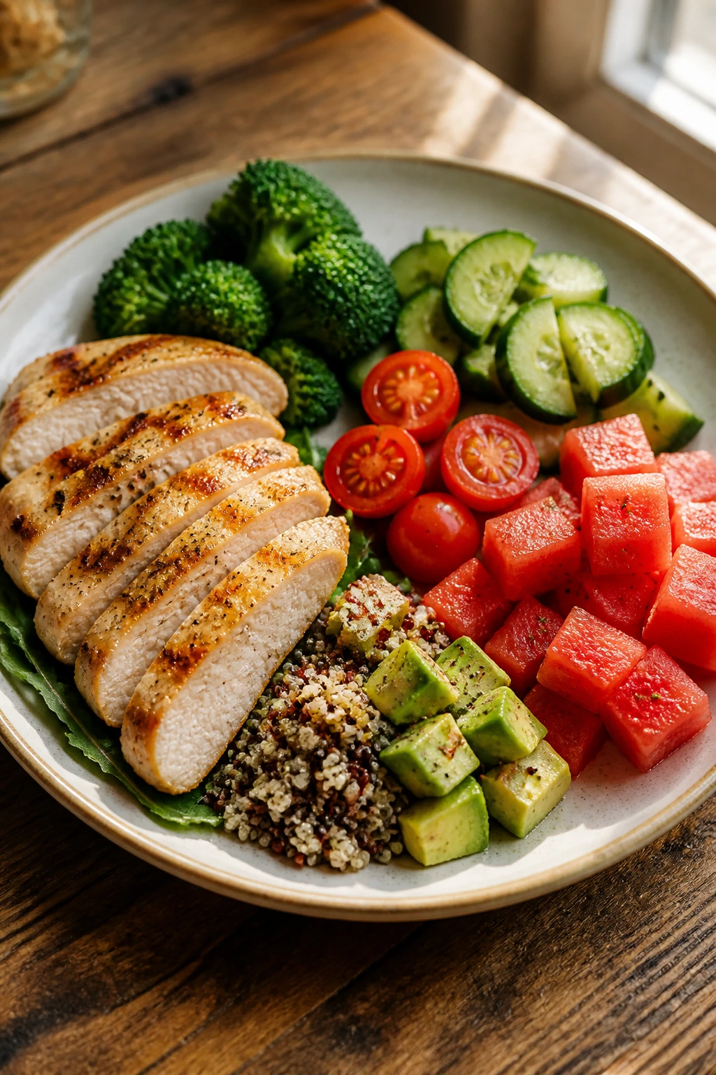 Plate with protein, fiber-rich veggies, and water-rich foods on a kitchen table