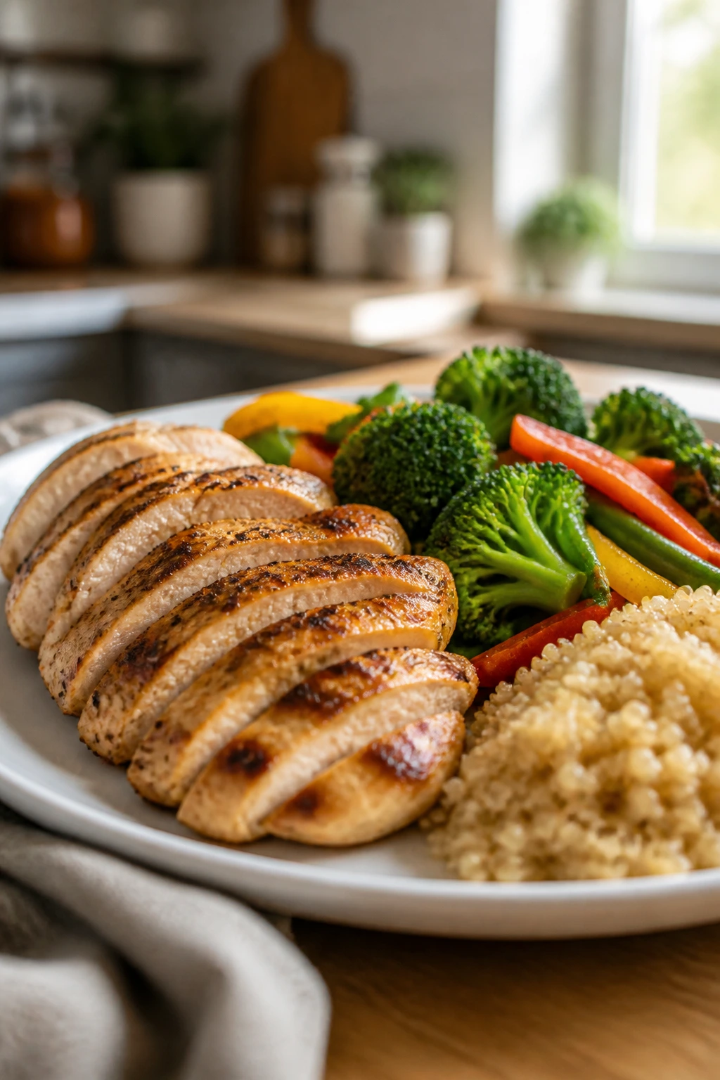 Plate with protein-forward dinner featuring chicken and vegetables