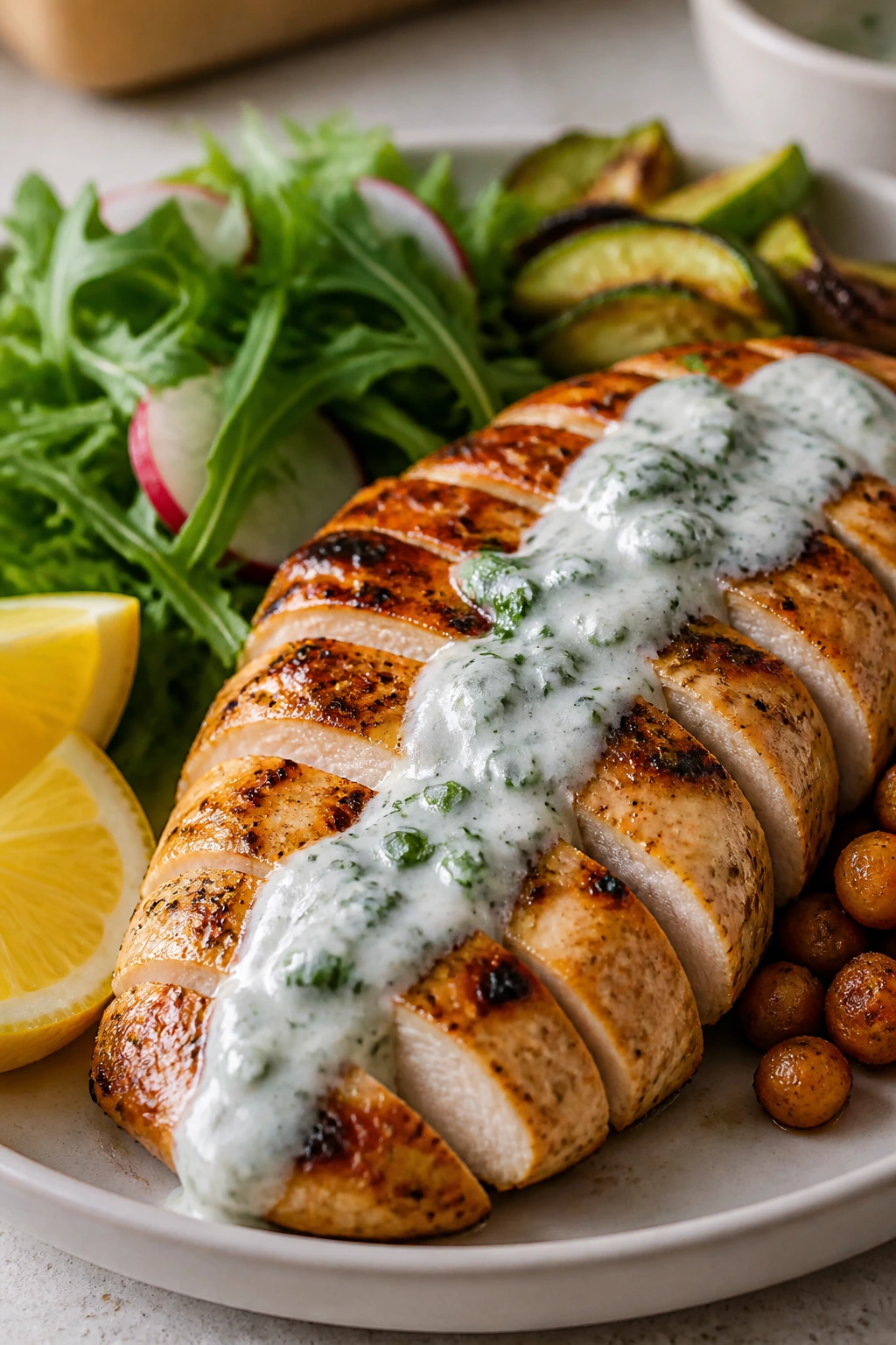 Close-up of protein-centered plate with chicken and yogurt drizzle